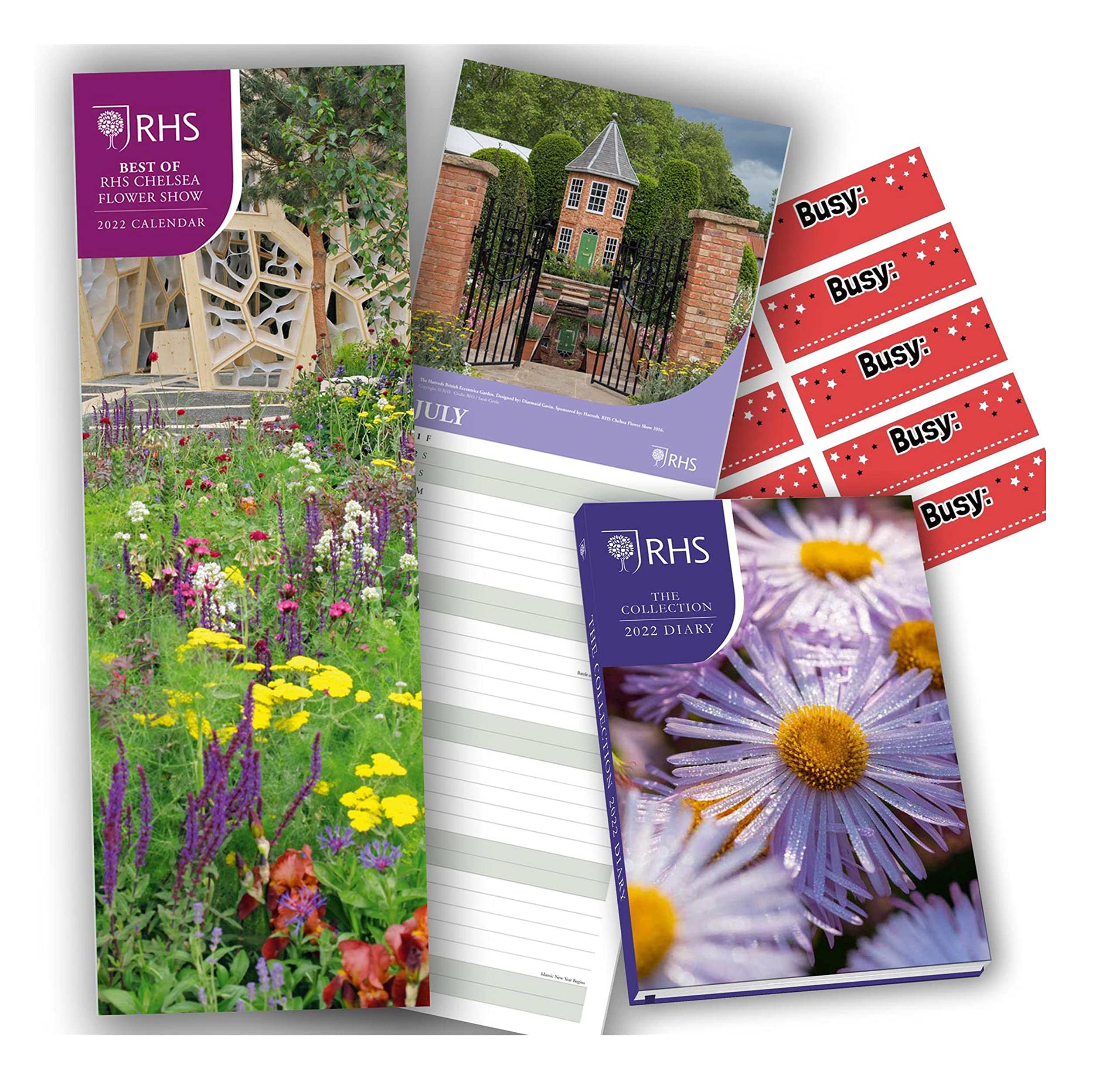 Chelsea Flower Show Calendar 2026 and RHS 2026 A5 Diary Hardback Gift Set Bundle Royal Horticultural Society with Free Organising Stickers Included