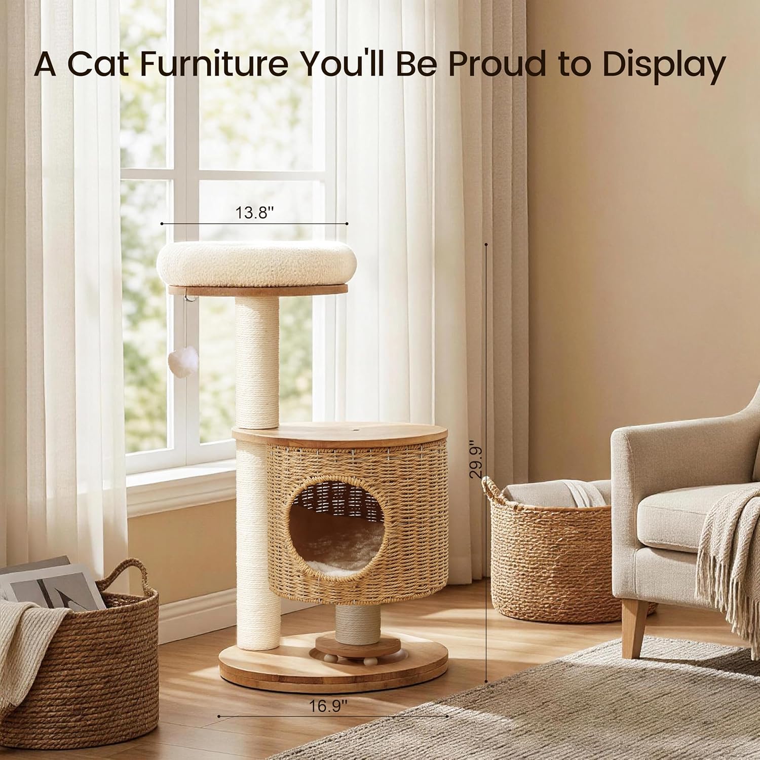 Solid Wood Cat Tree for Indoor Cats, Modern Cat Tower with Hand-Woven Condo & Sisal Scratching Post, Sturdy Wooden Cat Tree with Plush Perch, Aesthetic Cat Furniture for Small to Medium Cats