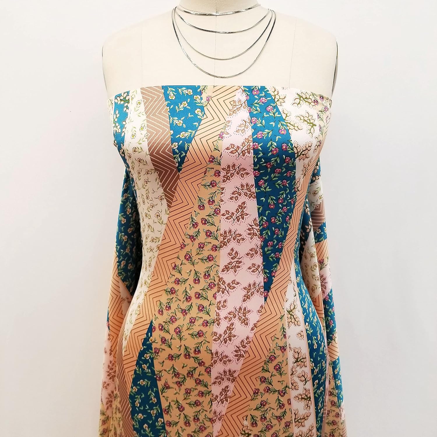 Peacock Peach Floral Patchwork Scarf Pattern Printed Stretch Satin Fabric by The Yard