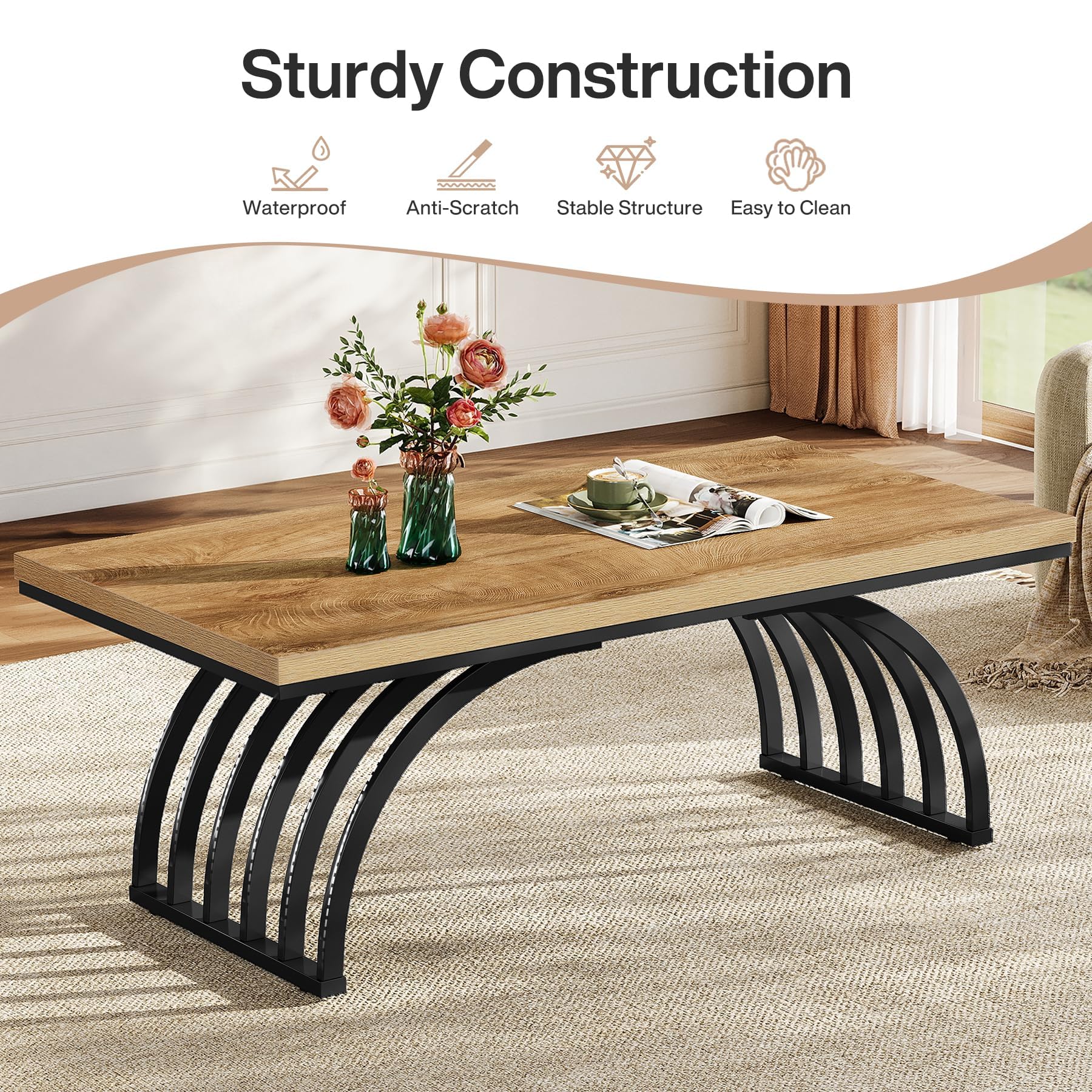Tribesigns Mesa de centro de 120 cm, mesa de centro industrial con patas de metal, mesa de acento moderna de madera, mesa de té en casa oficina, color marrón claro