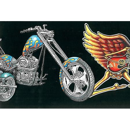 Dundee Deco Bd6293 Prepasted Wallpaper Border Kids Black Blue Red Motorcycles Choppers Skulls Wall Border Retro Design 15 Ft X 6 In 4 57m X 15 24cm Amazon Com
