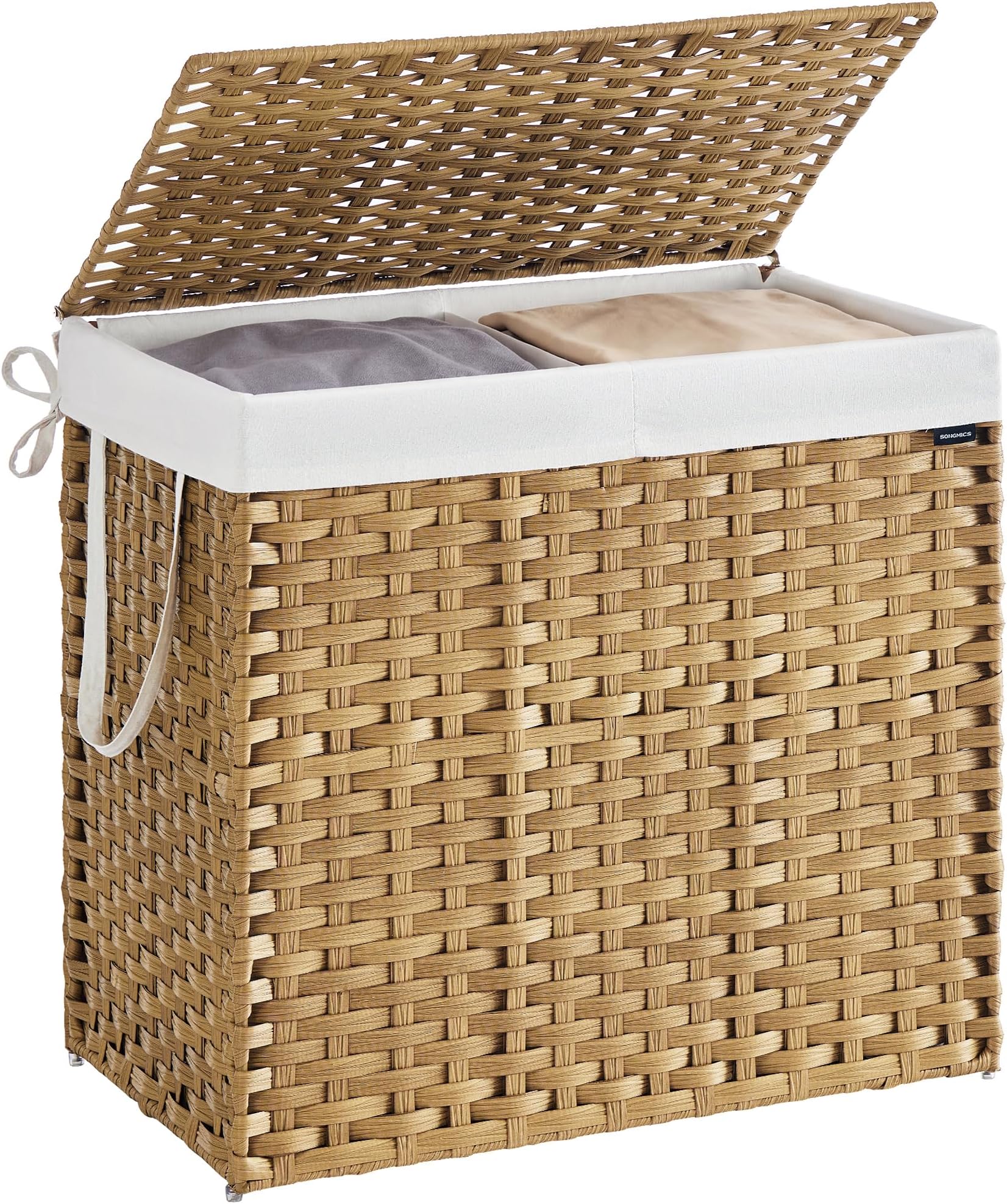 SONGMICS Laundry Basket, 160 L Synthetic Rattan Storage Basket with Lid and Handles, Wicker, Foldable, Removable Liners, for Blankets, Clothes, Living Room, Laundry Room, Natural Colour LCB216Y01