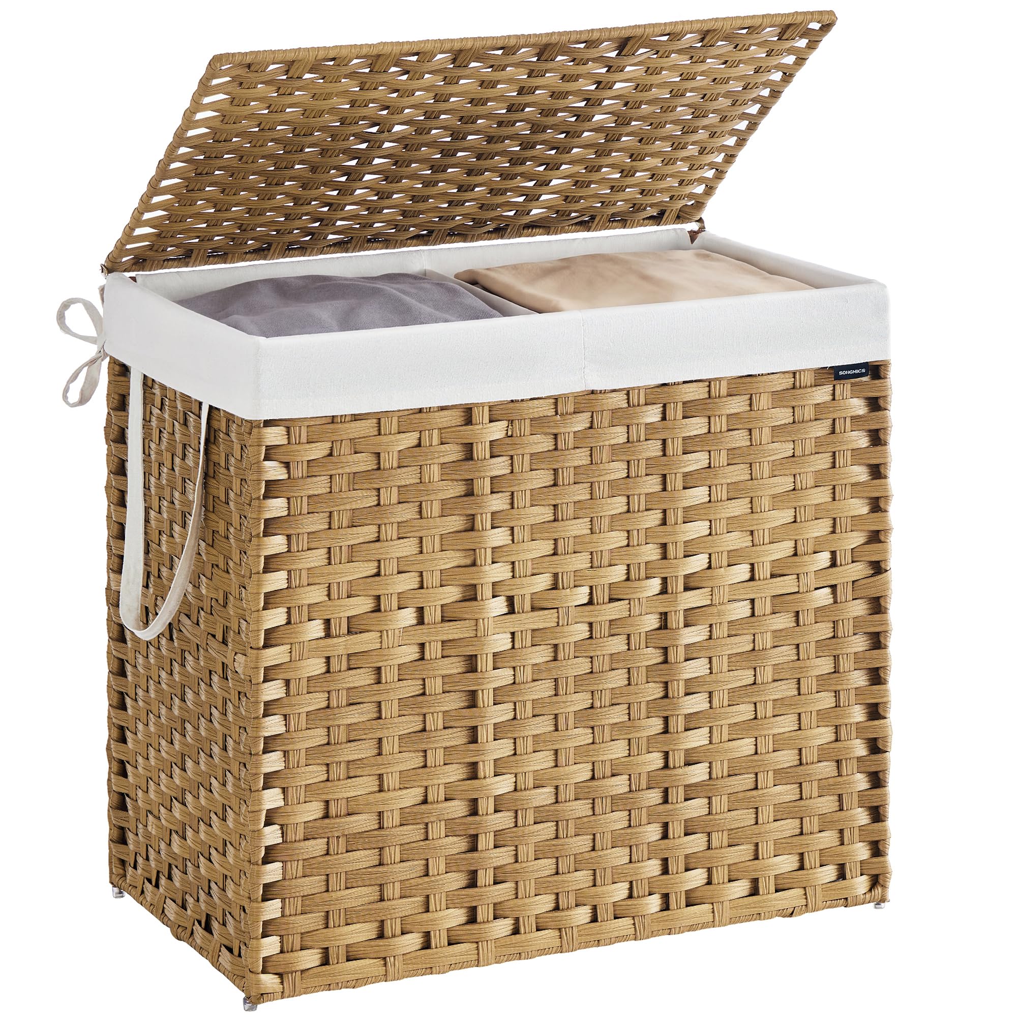 SONGMICS Laundry Basket, 160 L Synthetic Rattan Storage Basket with Lid and Handles, Wicker, Foldable, Removable Liners, for Blankets, Clothes, Living Room, Laundry Room, Natural Colour LCB216Y01 โ image 1