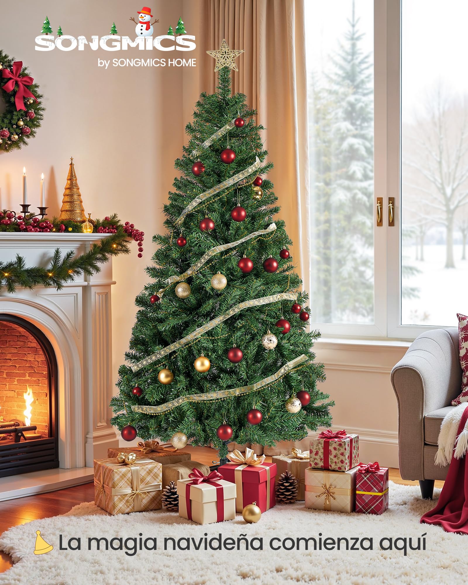 SONGMICS Árbol de Navidad Artificial, Abeto de 180 cm, Ramas de PVC, con Soporte de Metal, Montaje Rápido, Verde LAT002CZ01