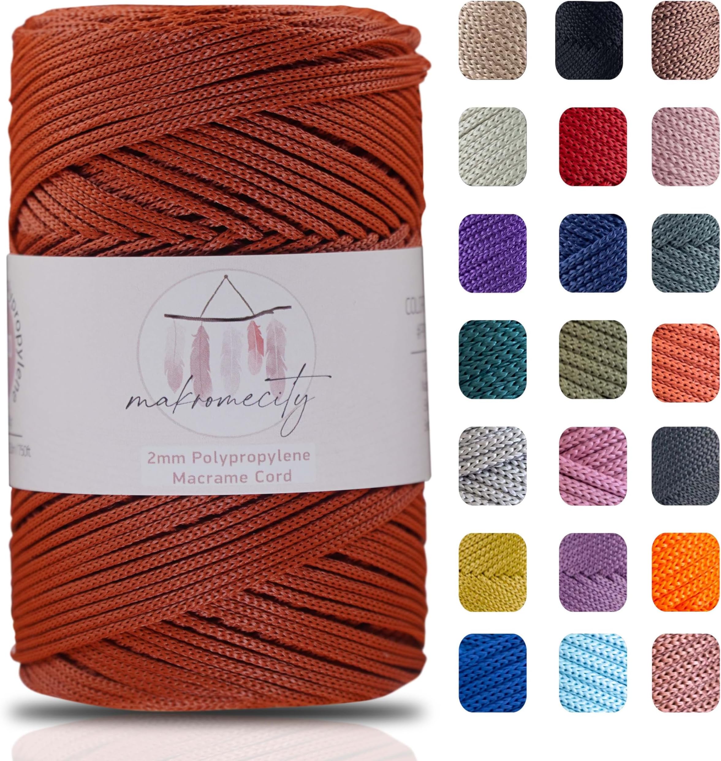 Makromecity, Polyester Macrame Cord (2 mm x 750 feet) 2mm Polypropylene Brick Macrame Cord Crochet Macrame Bag Cord Crafts for Wall Hangings, Bags, Underplate, Rug