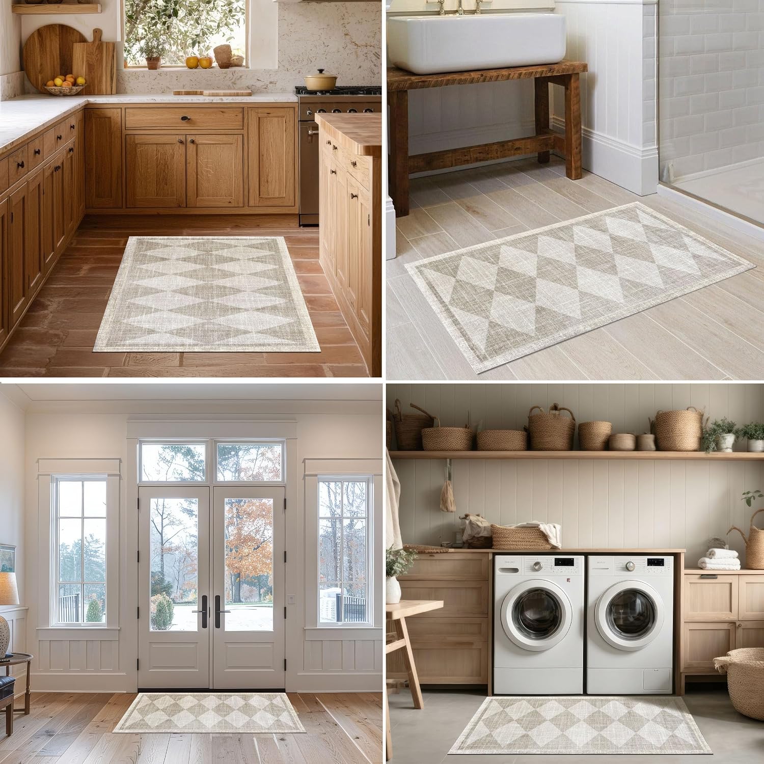 Wash + Dry Arthur Diamonds One-Piece Washable Rug with Rubber Backing, Large Door Mat for Entryway, Kitchen, Bathroom, Non-Slip Indoor Doormat, Entryway Rug, Pet Friendly, Tan and Cream, 27.5" x 47"