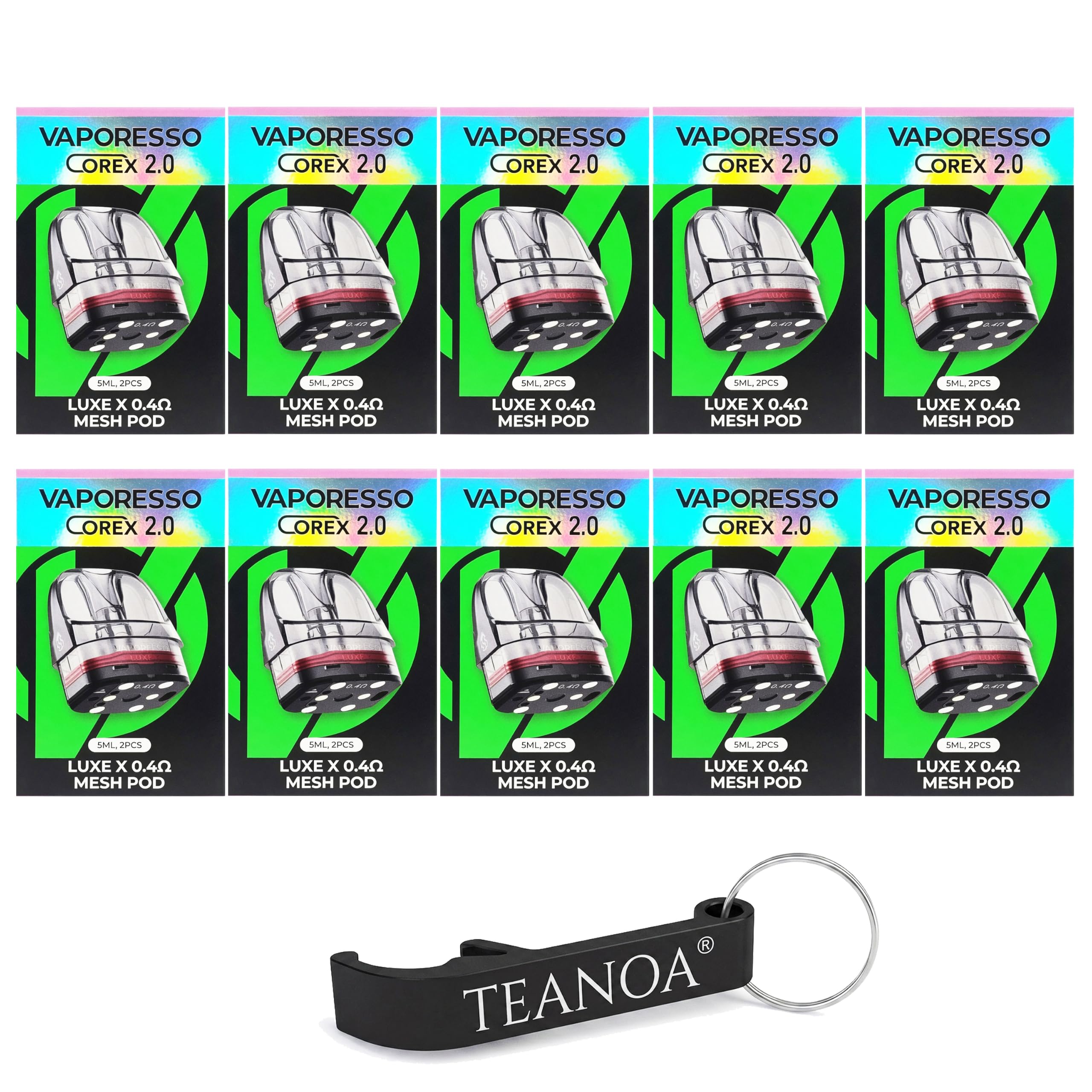 20x Vaporesso LUXE X COREX 2.0 Mesh Pods (10er Pack = 10x 2er Pack) 5ml Tankvolumen – Ersatz-Cartridges aus PCTG – inkl. TEANOA Flaschenöffner (0,4 Ohm)