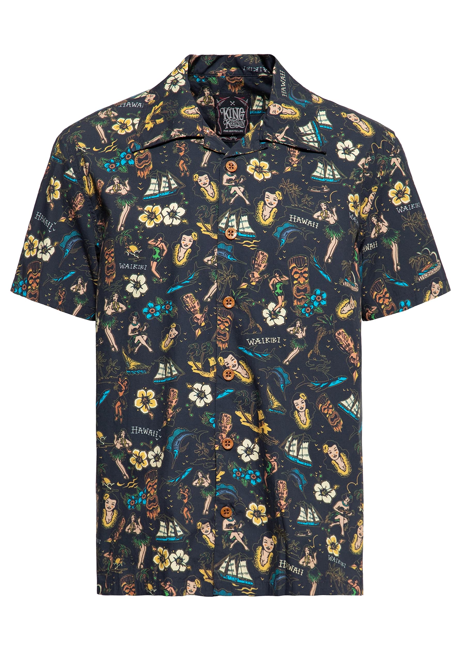 King Kerosin Herren Hemd Alloverprint Printhemd Hawaiian Shirt Kurzarm Hawaiihemd Kurzarm-Hemd Tropical