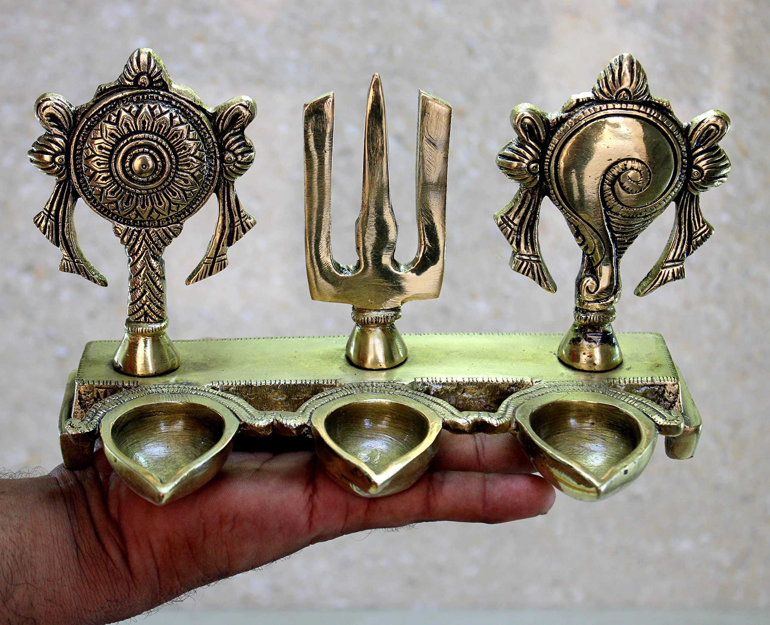 eSplanade Brass Shankh Chakra Namah Diya Showpiece | Shankha Chakra Tilak | Shankha Gada Padma | Padmanabha Swami | Vishnu | Home Decor - 8.8" Inches - Image 6 thumbnail
