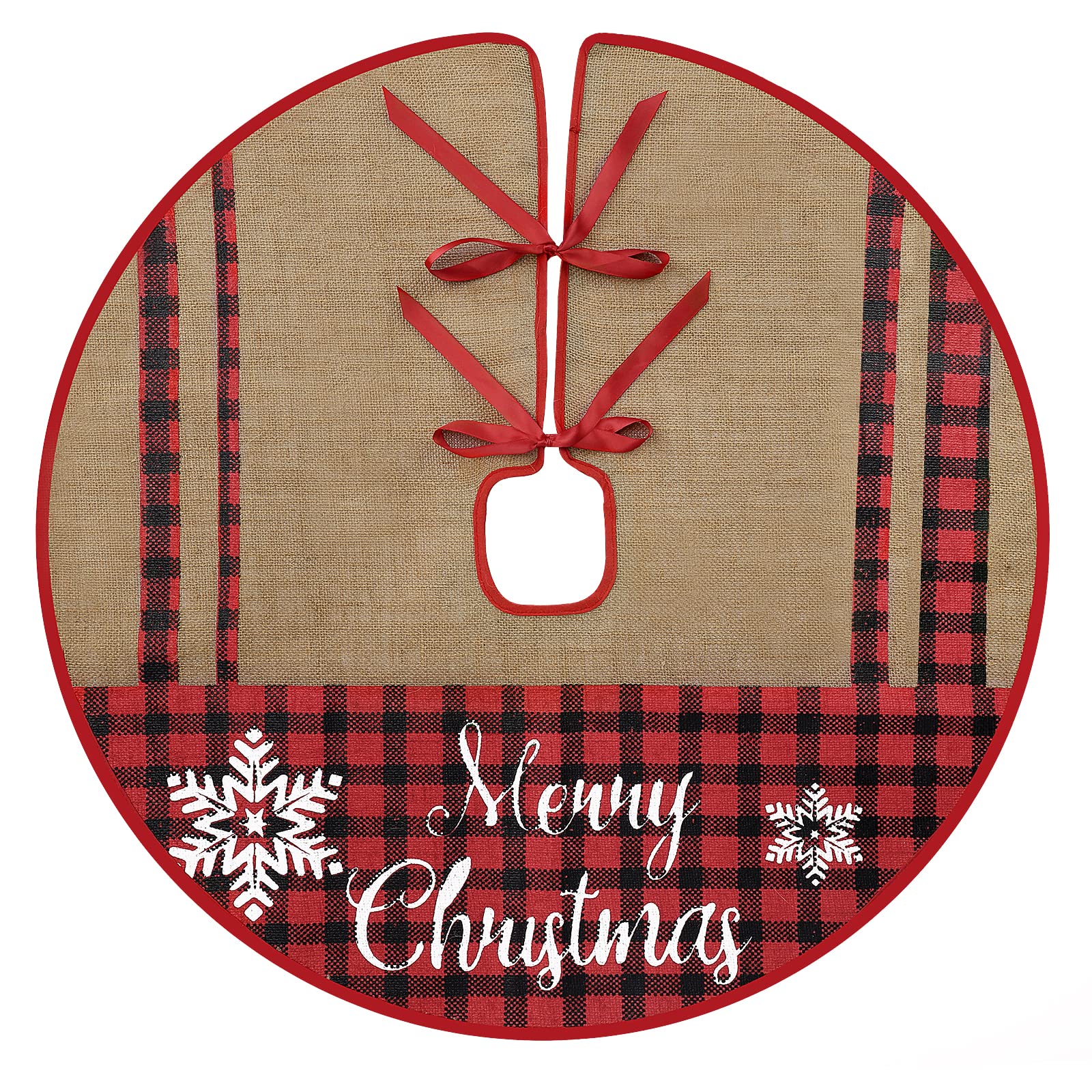 HOHOTIMEBurlap Christmas Tree Skirt, 48 inch with Red and Black Plaid Overalls Pattern Tree Skirt Mat for Xmas Holiday Party Decorations (30 Inch)