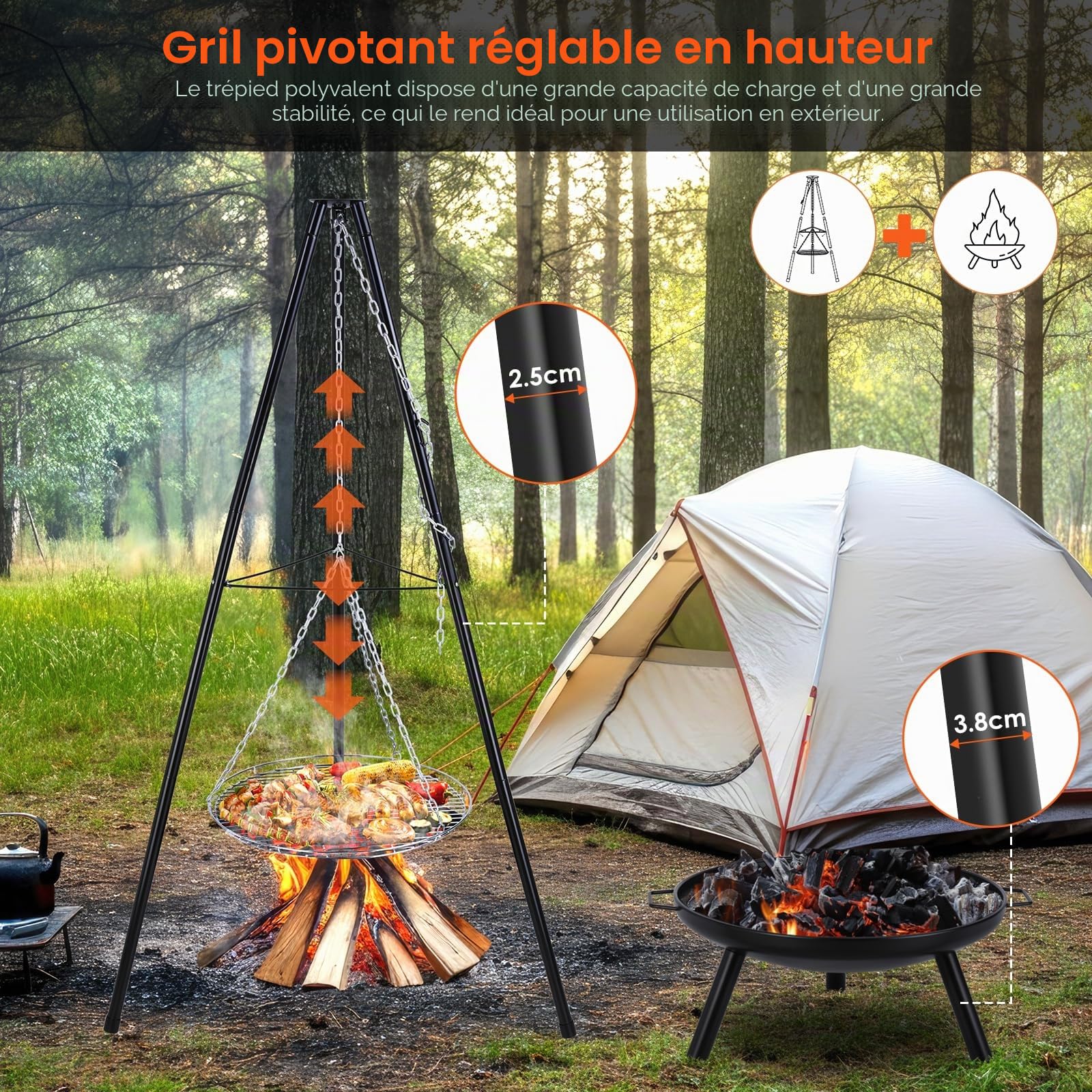 TLSUNNY Barbecue Pivotant avec Brasero, Barbecue Trépied avec Chaîne, Barbecue Charbon de Bois, Réglable en Hauteur de 200 cm, Ø68 cm Brasero avec Poignée, Foyer Extérieur pour Griller et Chauffer
