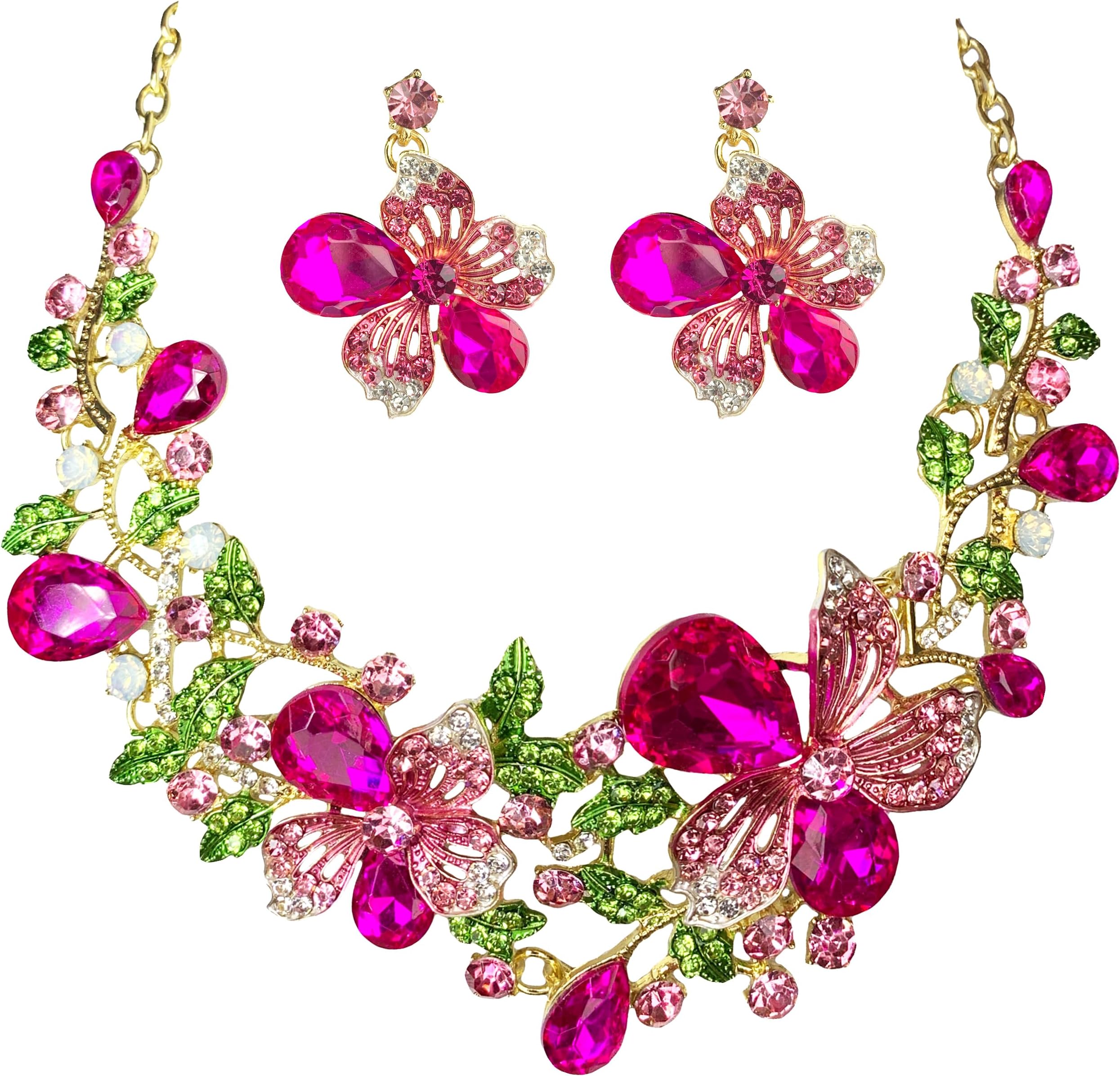 Crystal Flower Bib Statement Necklace Set Chunky Diamond Flower Statement Necklace & Earrings Drama Bib Collar Jewelry Set for Women Prom Party Jewelry