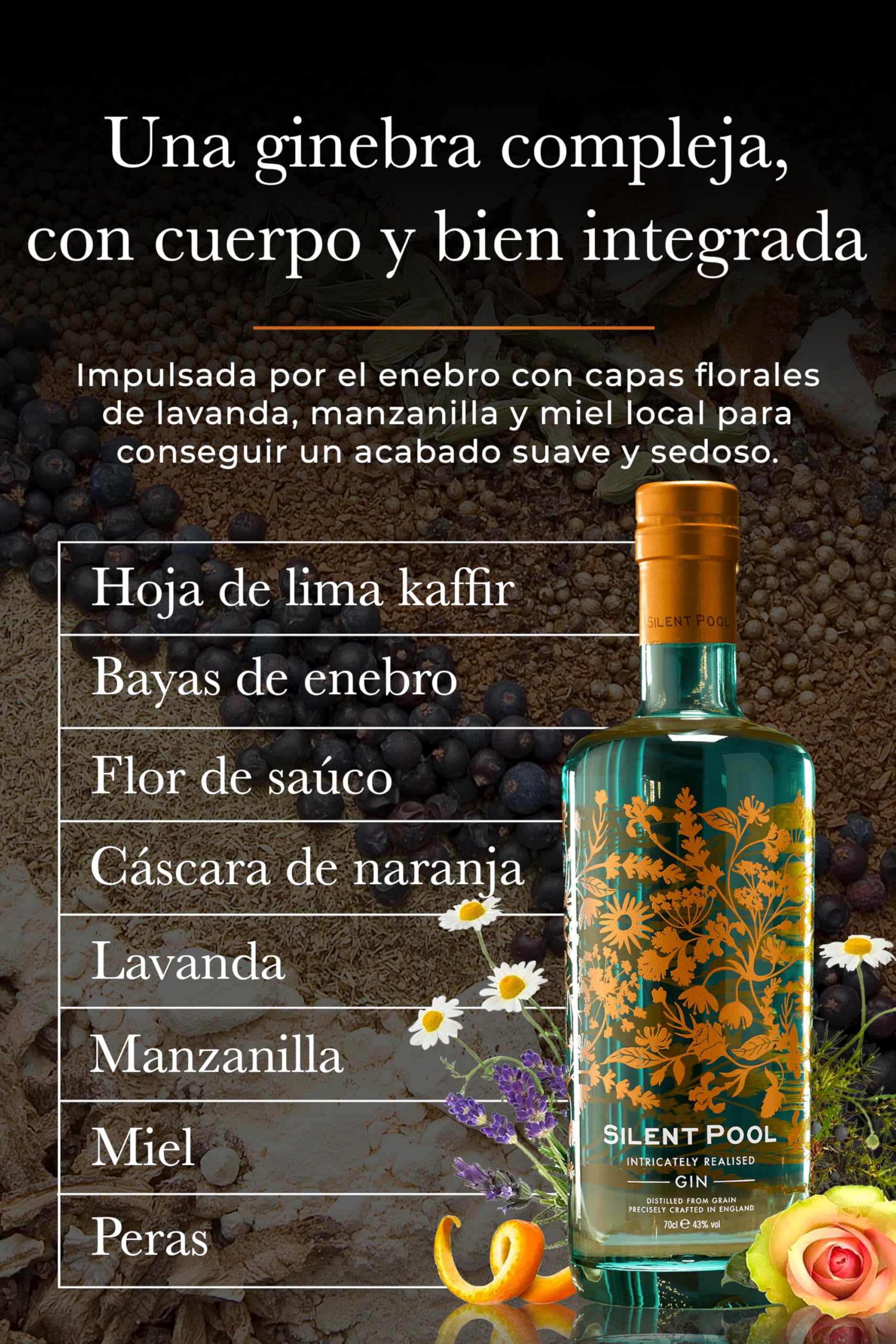Silent Pool Gin – Ginebra Premium Artesanal Original con 24 Botánicos – 43% Vol. – Botella de 70 cl