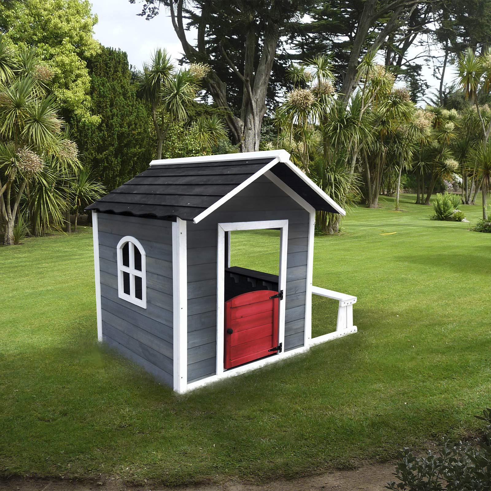 Casita Infantil de Madera 1,2 m² de 116x138x132 cm Diseño Abierto con Ventanas y Banco Exterior