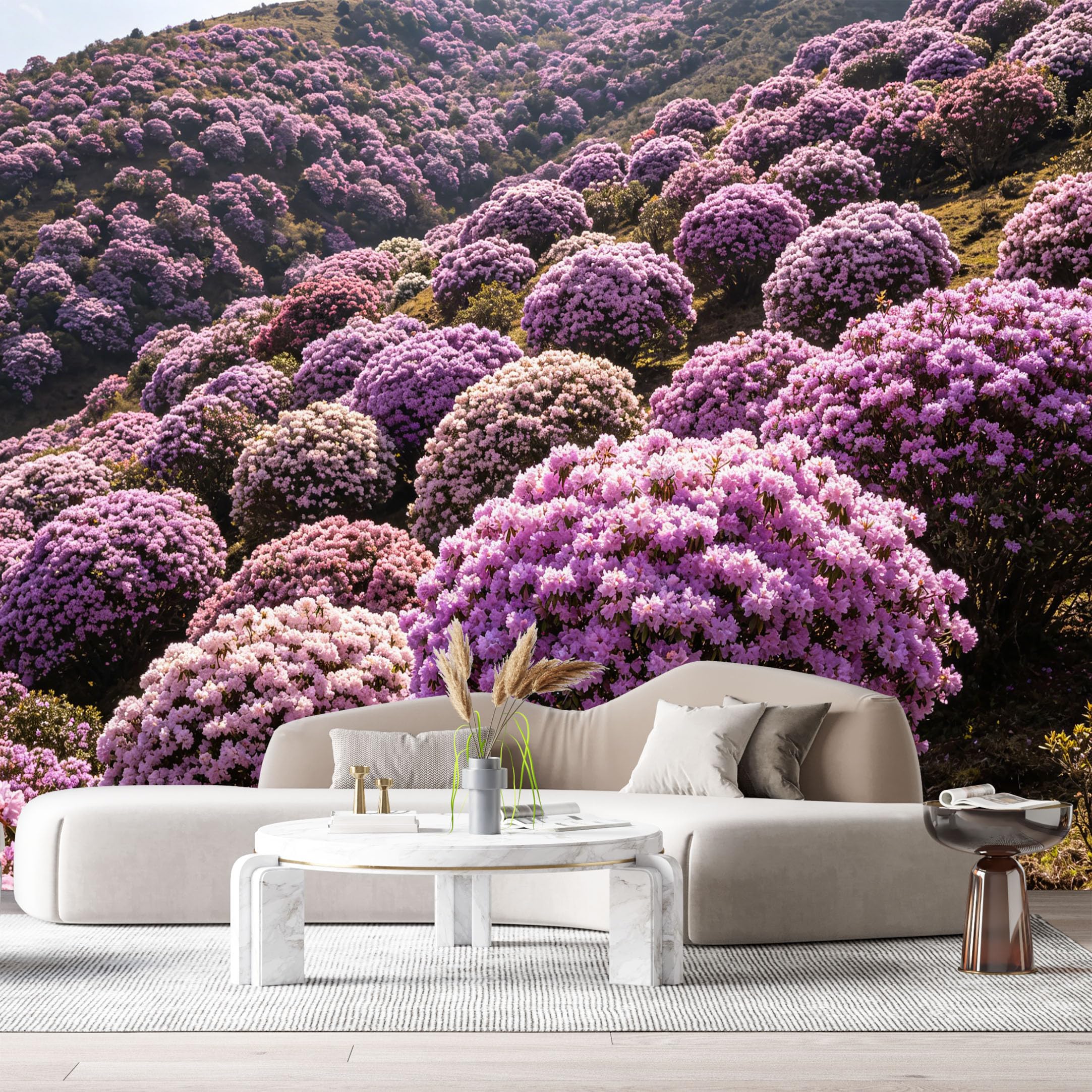 Custom Size Wall Murals Blooming Hills Landscape Botanical Pink Rhododendron Flowers Valley SelfAdhesive Wall Fabric Removable Large Wallpaper for Photo Living Room