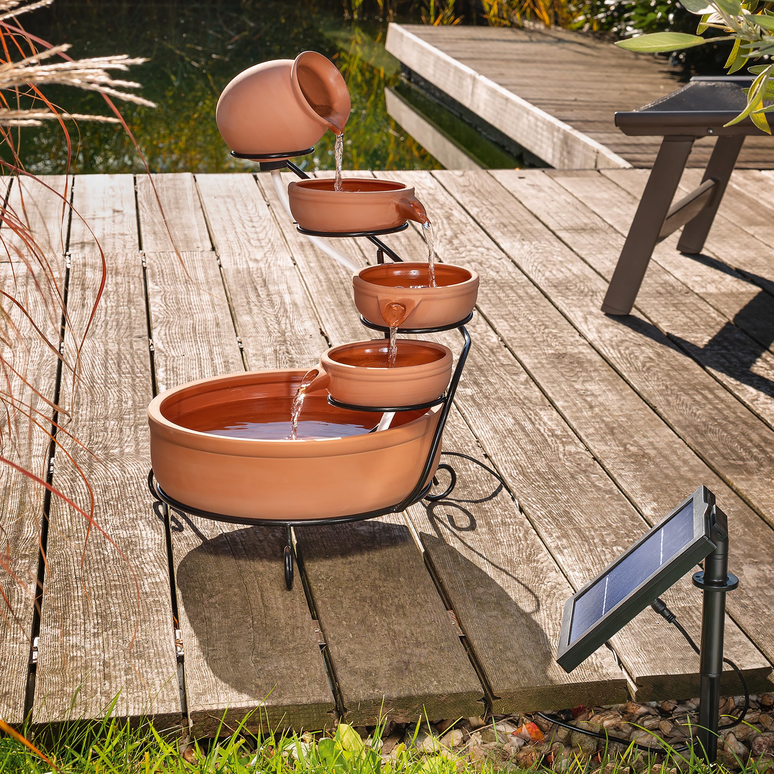 esotec Solar Kaskadenbrunnen Livorno, Keramik, Gartenliebhaber Geschenk, Springbrunnen außen, Gartenbrunnen Wasserspiel, Katzenbrunnen, Terrakotta braun H=55cm 101302