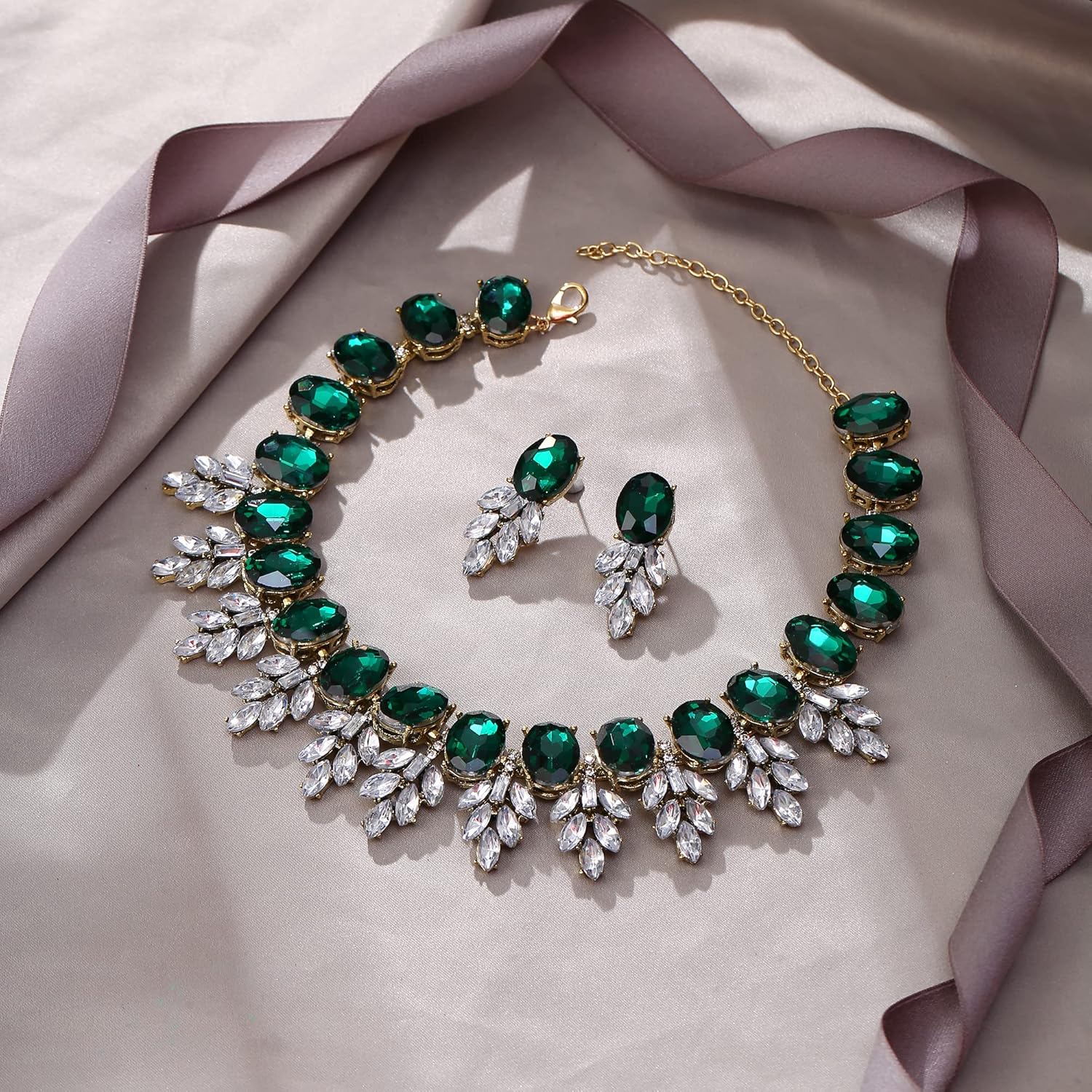 EVER FAITH Costume Crystal Marquise Statement Jewelry Set, Vintage Oval Rhinestone Choker Pendant Necklace Earrings Set for Women
