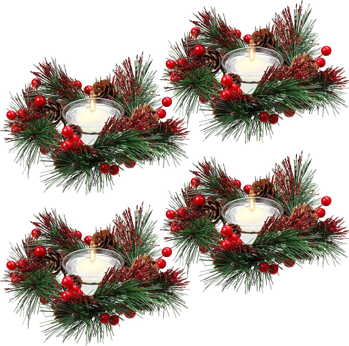 Dingion 8 Pcs Christmas Candle Holders and Wreath Rings | 4 Glass Votive Holders and Four Pinecone Berry Rings for Dining Tables, Weddings, Shelves and Fireplace Decor