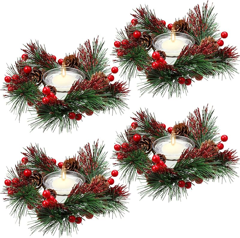 Dingion 8 Pcs Christmas Candle Holders and Wreath Rings | 4 Glass Votive Holders and Four Pinecone Berry Rings for Dining Tables, Weddings, Shelves and Fireplace Decor