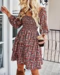 BTFBM Women Square Neck Smocked Dresses 2026 Summer Spring Long Sleeve Floral Swiss Dot Mini Boho Wedding Guest Dress