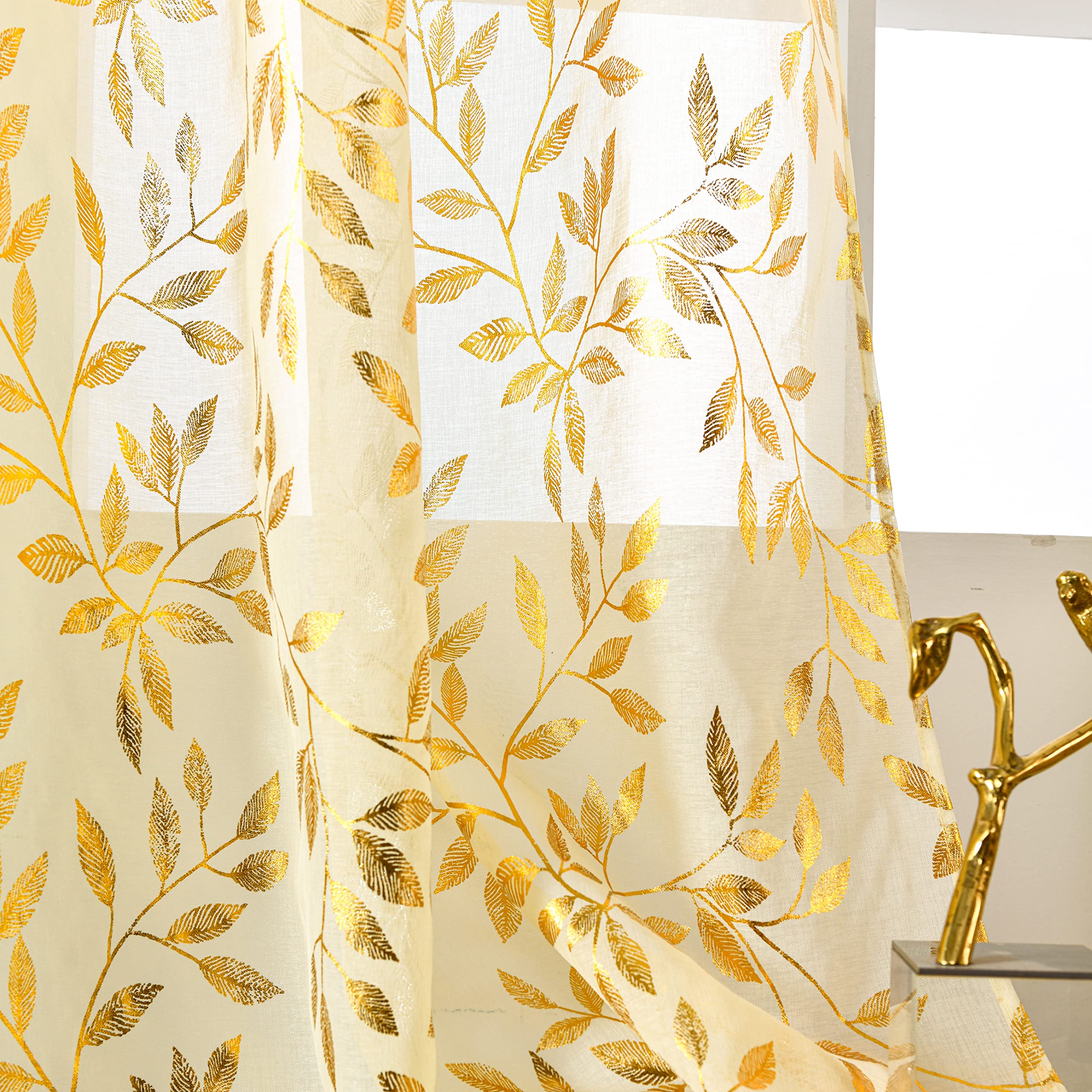 Sutuo Home Transparente Vorhänge, 213,3 cm lang, 2 Paneele, Goldfolien-Druck, metallische Bronzeblätter, Sichtfenster, Dekoration, Vorhangpaar für Weihnachten, Schlafzimmer, Küche, Wohnzimmer, 132,1