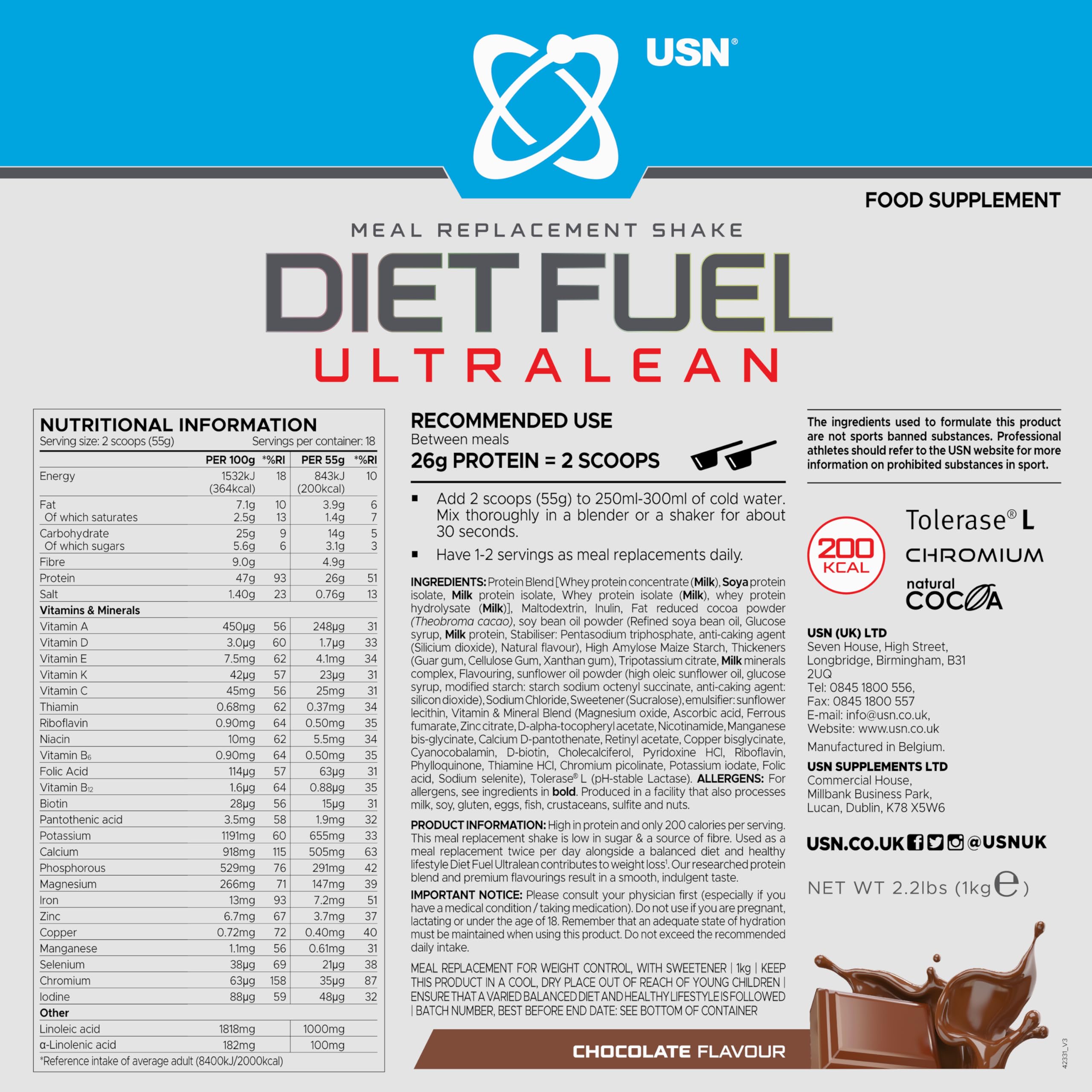 USN Diet Fuel Ultralean (1000g) Chocolate Proteínas | 25 g de proteína, 200 kcal, 2,2 g de fibra, bajo en azúcar, 24 vitaminas y minerales, cromo, fácil digestión, control de peso