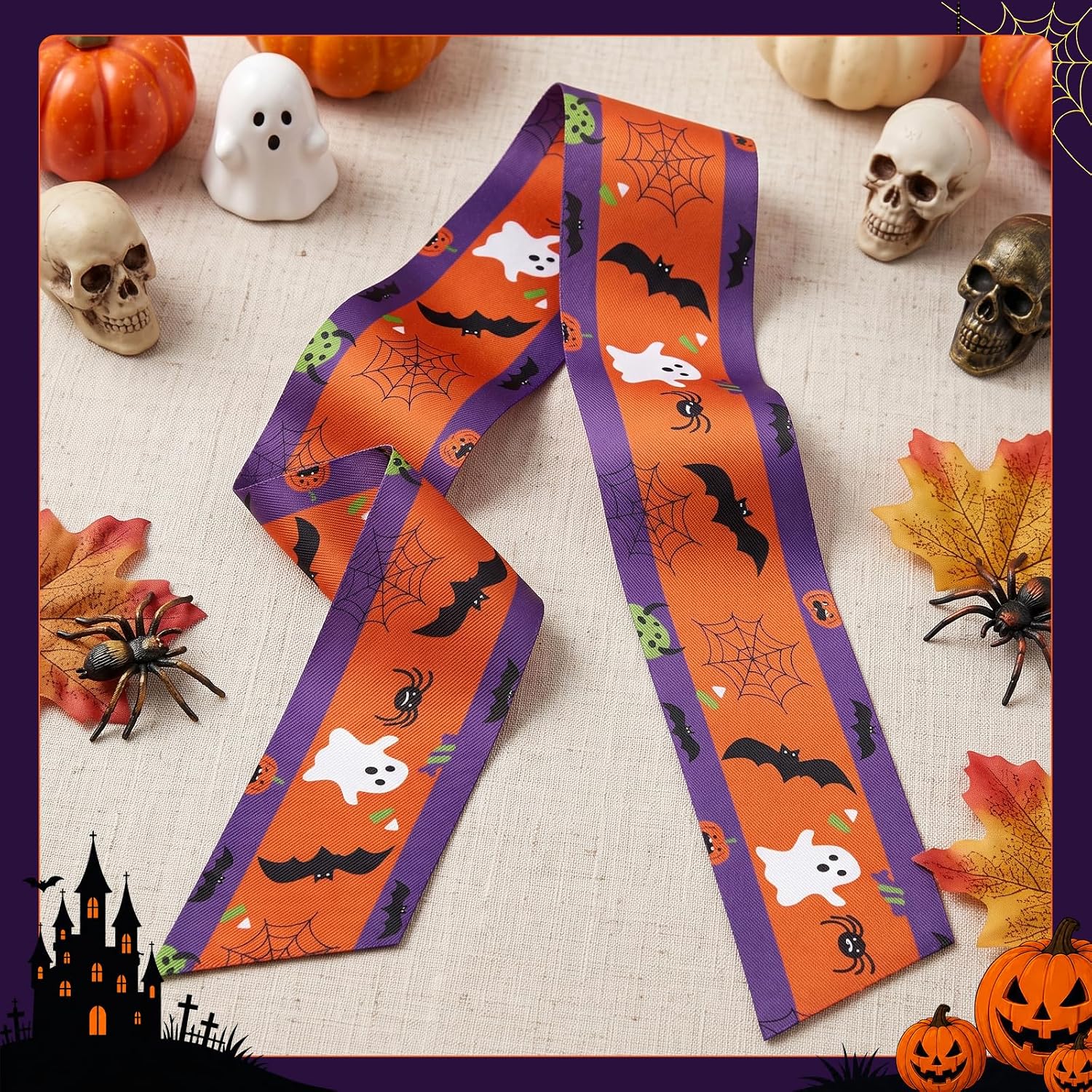 Purefun Halloween Wreath Sash for Front Door Wreath, Linen-Like Woven Ribbon Bow Sash, 55 x 5 Inch Orange Purple Holiday Wreath Decor for Doorway Indoor Covered Outdoor Wall Home Decor