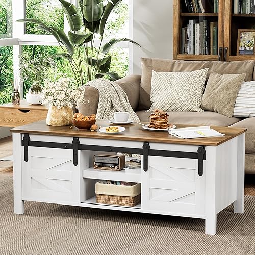 JUMMICO Mesa de centro de granja con almacenamiento y puertas correderas de granero, moderna mesa rectangular rústica para sala de estar con