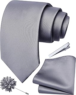 3.15"(8cm) Solid Formal Tie and Pocket Square Plain Necktie Lapel Pin and Tie Clip Set for Men