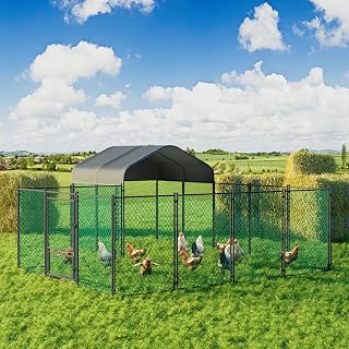 Large Chicken Coop Run Outdoor: Walk in Poultry Pen Cage Chickens Hen Fence with Small Feeding Door - L Shape Duck Kennel House with Waterproof Roof Cover Stakes Lockable Door for Yard Garden Farm