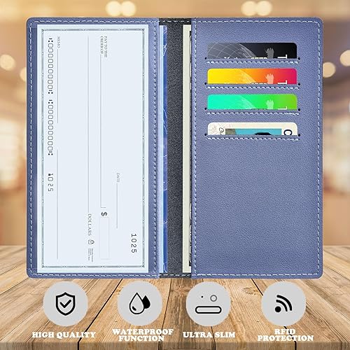 Miniatura 2 de Fundas negras para chequeras personales duplicadas, de cuero auténtico, para chequeras y carteras para mujeres y hombres, Gris azul, Classic