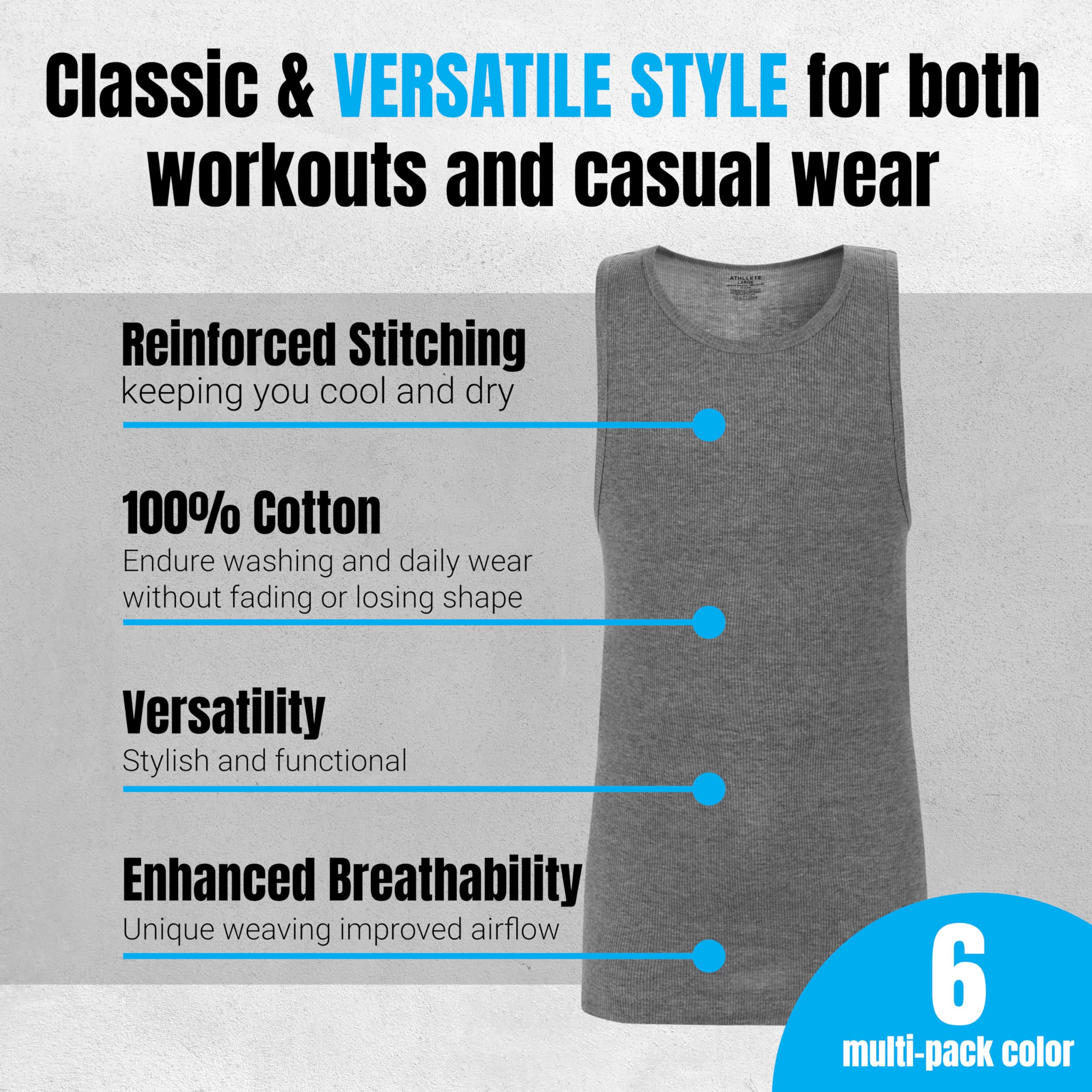 Athllete Herren-Tank-Tops, 6er-Pack, 100 % Baumwolle, ärmellos, Multipack, atmungsaktiv, schwarz, weiß, grau, Muskel-Shirts