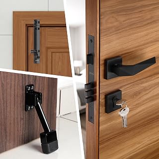 LAPO Heavy-Duty Main Door Lock Combo Set-Main Door Lock Set/8 Inch Tower Bolt/5 Inch Door Stopper for Home & Office Durable Hardware Set, 3 Years Warranty (Black Finish)