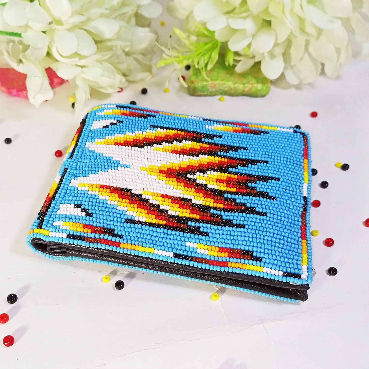 Handmade Native American Style Beaded Genuine Leather Wallet, Bifold Wallet, Mini Purse, Card Holder Wallets (SkyBlue)