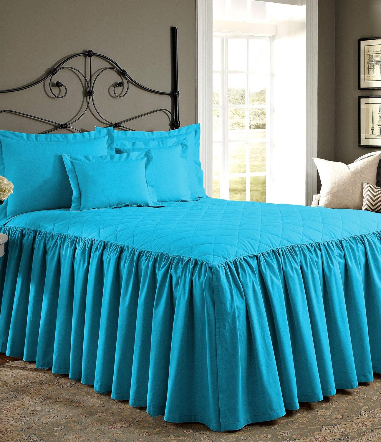 25" Drop 1 Piece Quilted Dust Ruffle Bed Skirt/Bed Spread 100% Egyptian Cotton 500 TC Blue Twin Size