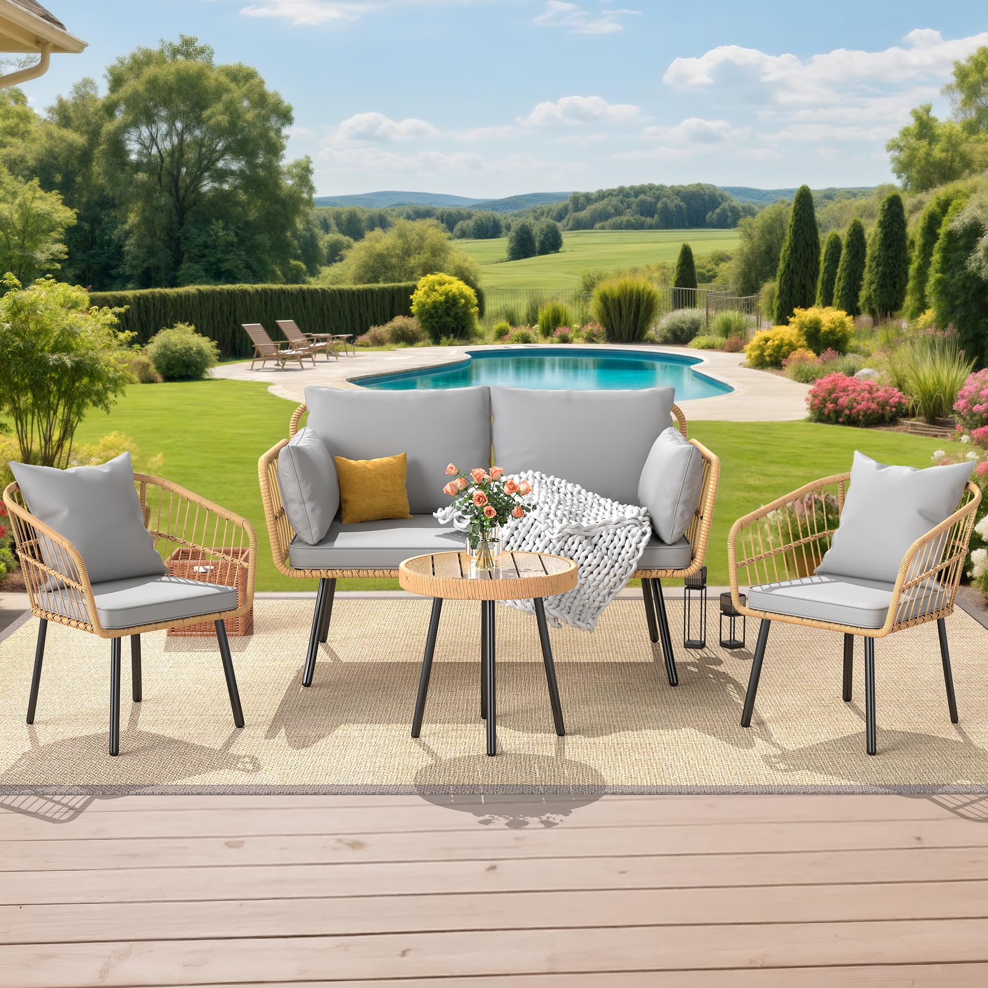 YITAHOME 4 Pieces Patio Furniture Set, Outdoor Wicker Patio Conversation Set, All-Weather Rattan Bistro Set with Loveseat Chairs Table Soft Cushions for Garden, Porch, Backyard - Grey