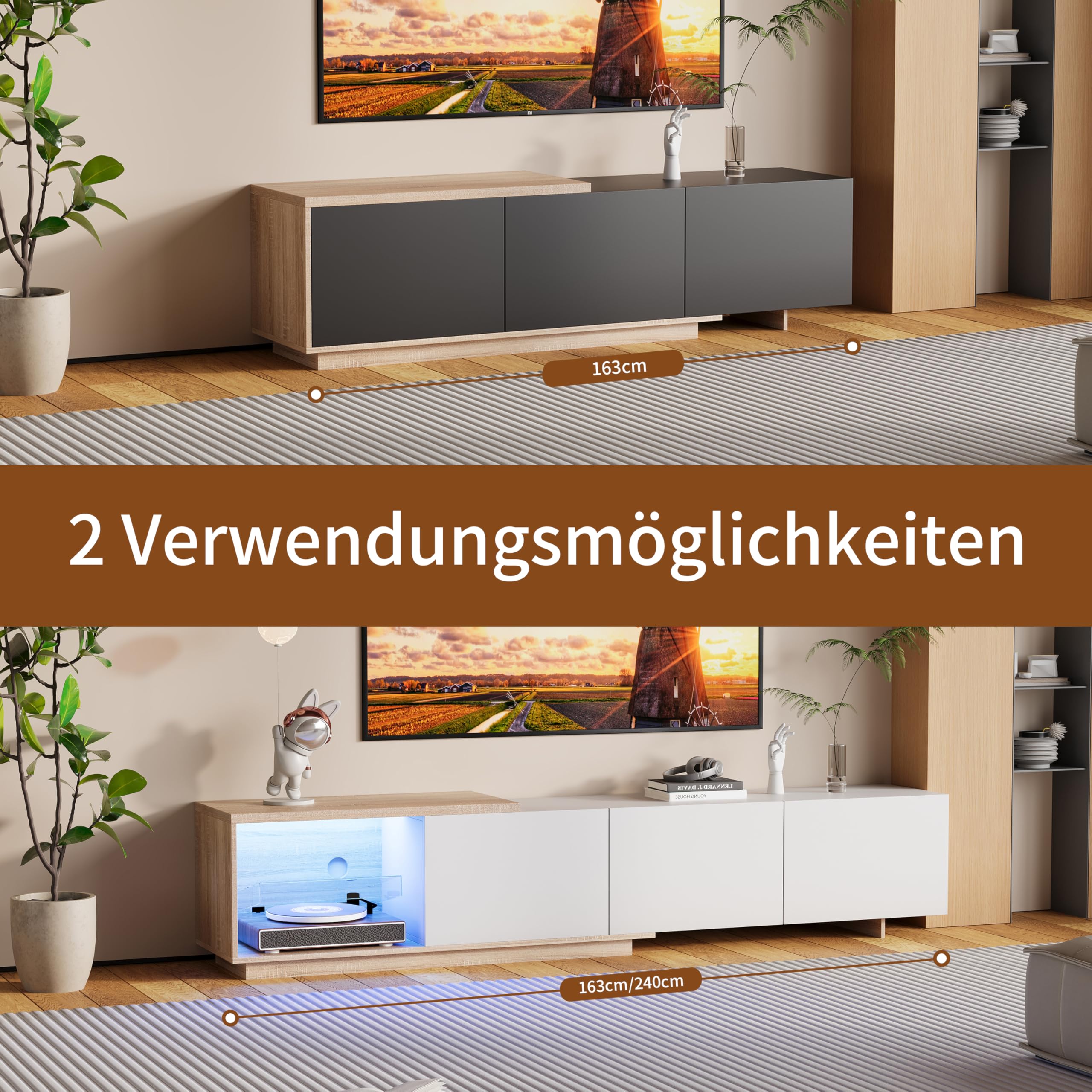 Szafka pod telewizor LED 240 cm, szafka pod telewizor, ławka telewizyjna, meble do salonu, nowoczesna drewniana ławka telewizyjna z 3 szufladami, niska szafka do salonu, meble do salonu (biały-2)