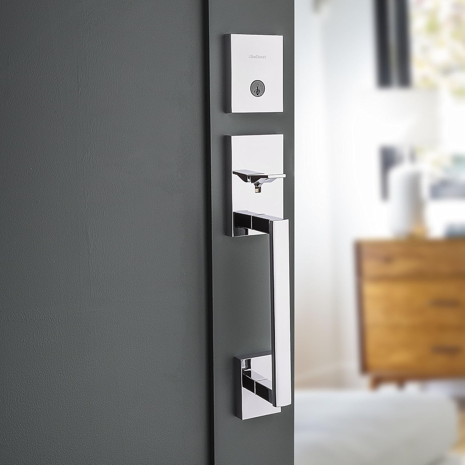 Kwikset San Clemente Front Door Lock Handle and Deadbolt Set, Entry Handleset Exterior Only, Polished Chrome, Pick Resistant SmartKey Rekey Deadbolt Security, Interior Sold Separately