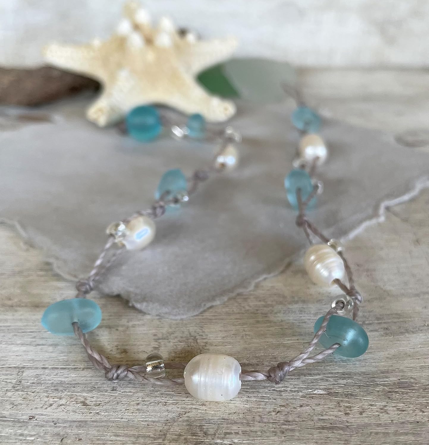 Beach Soul Sea Glass Bracelet or Ankle Wrap with Aqua Blue Glass and Freshwater Pearls, 11" Wrap, Beachy Boho Jewelry for Women, Handmade