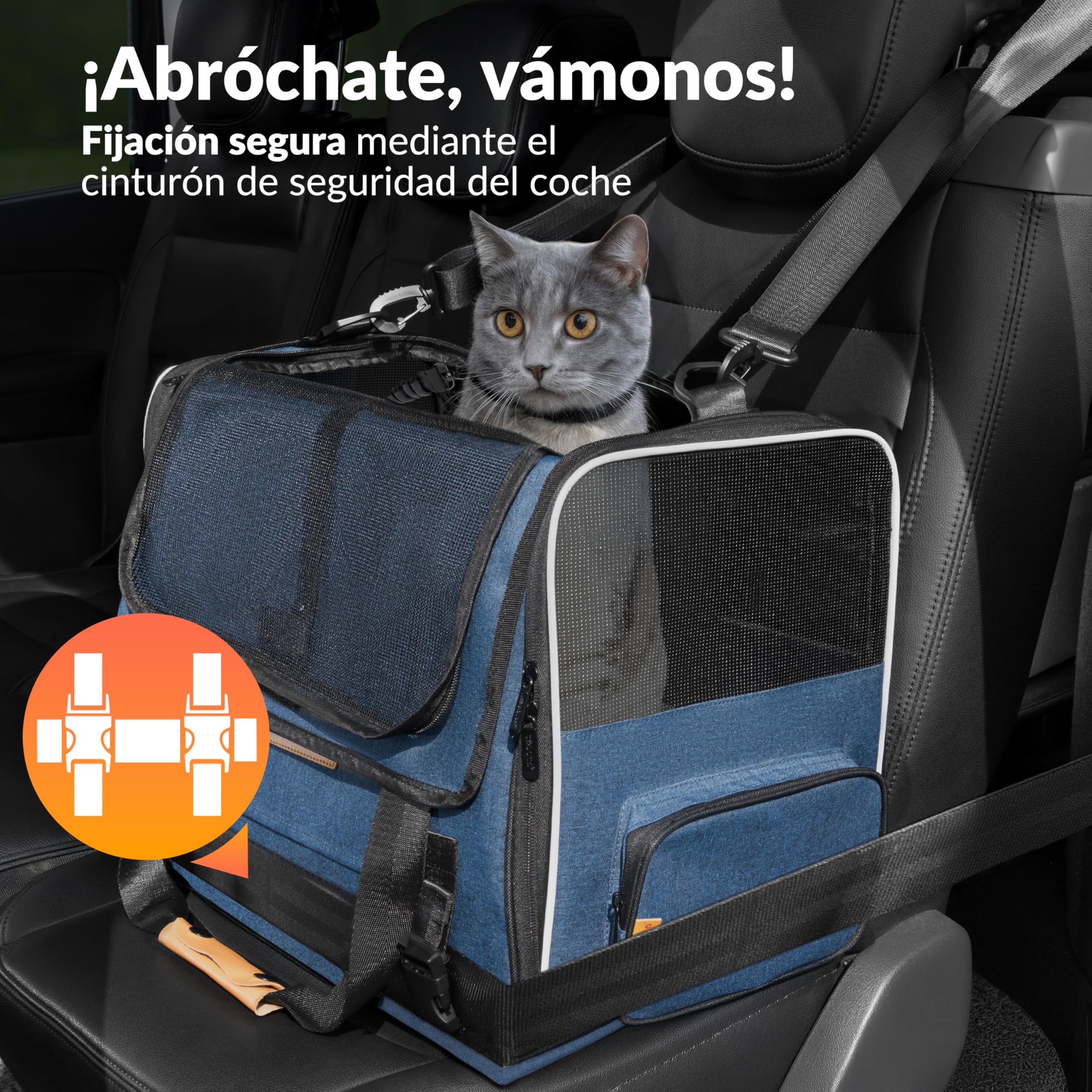 CADOCA® Transportín Perros Gatos Plegable Bolsa Transporte Mascotas Cojín Comedero Bandas Reflectantes Compacto Ligero Viajes Coche Tren Azul