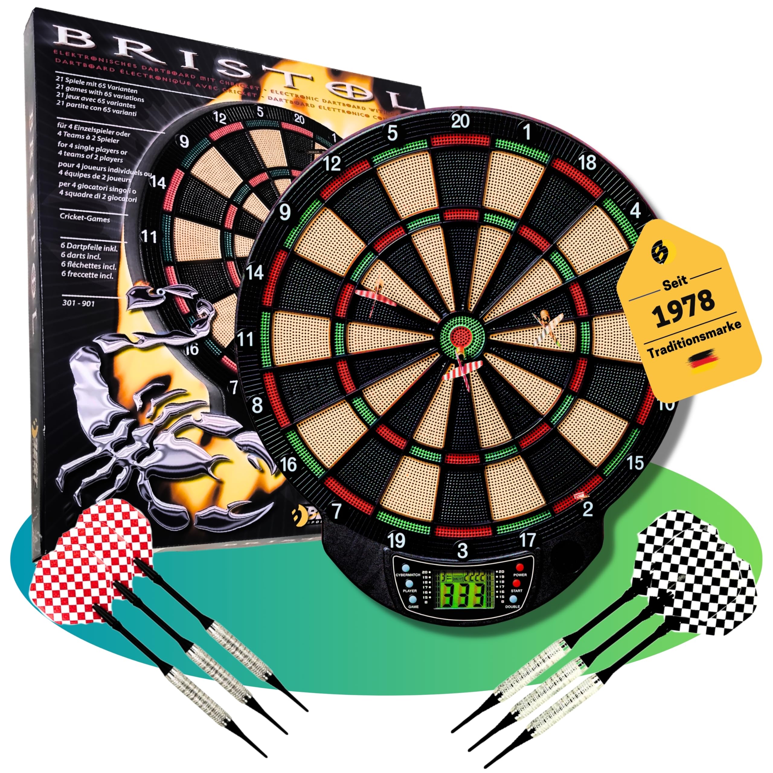 Best Sporting Elektronische Dartscheibe Nation, Windsor oder Bristol – 21 Spiele mit 65 Varianten, kabellos – Inkl. 6 Pfeile & 8 Ersatzspitzen – Für bis zu 8 Spieler