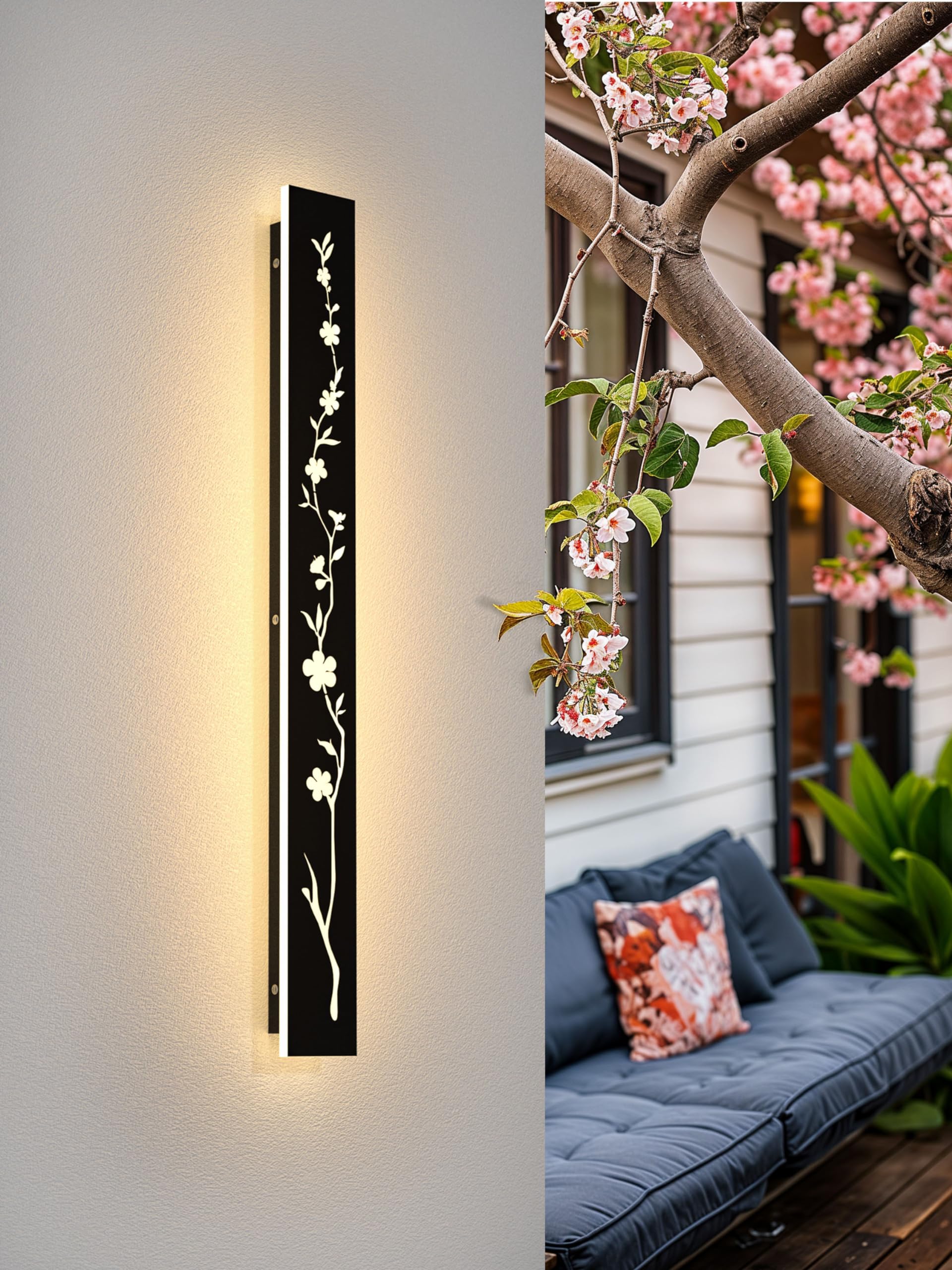 LUOLONG Led Lange Wandleuchte Schwarz 80cm Außenwandleuchte 25W IP67 Wasserdicht Villa Wandlampe 3000K Pfirsichblüten Design Lang Wandleuchten Außenwände Gärten Porch Treppe Terrassen Beleuchtung