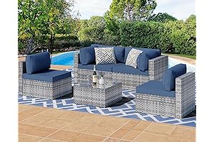 Shintenchi Outdoor Rattan Patio Furniture Set, 5-Piece Sectional Sofa Conversation Set with...