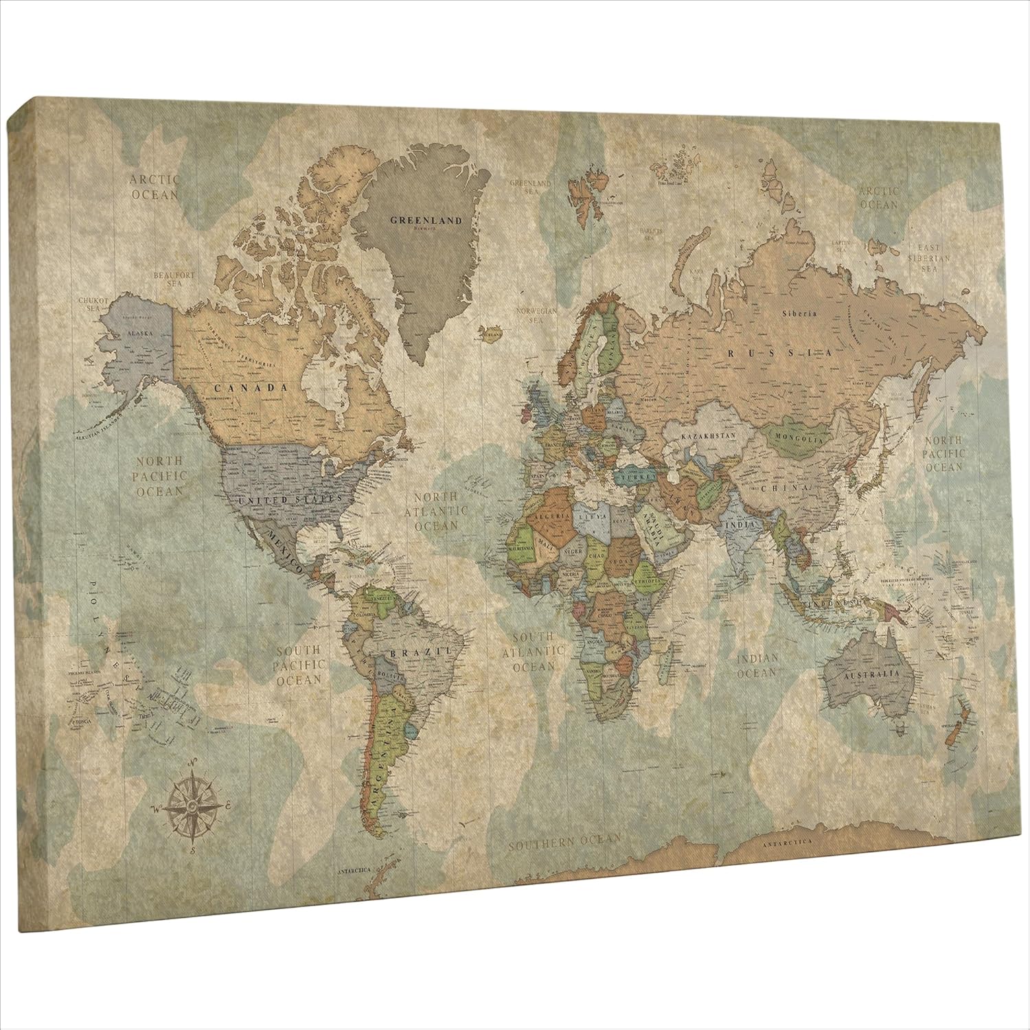 World Map on Canvas - Vintage Earth Tones (40" x 24")