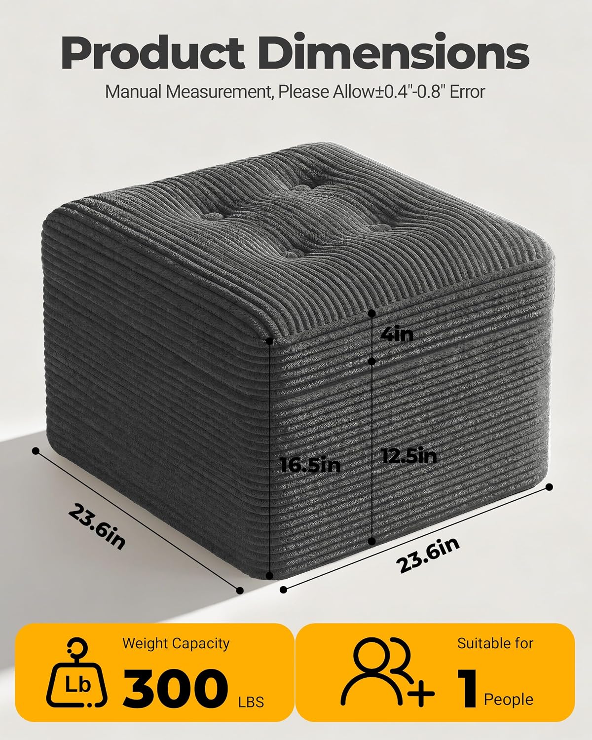 23.6in Pouf Ottoman, Corduroy Ottoman Foot Rest with Dual‑Layer Support, Large Plush Pouf with Soft Chunk‑Foam Top & Firm Foam Base, Floor Foot Stool for Living Room, Dark Grey