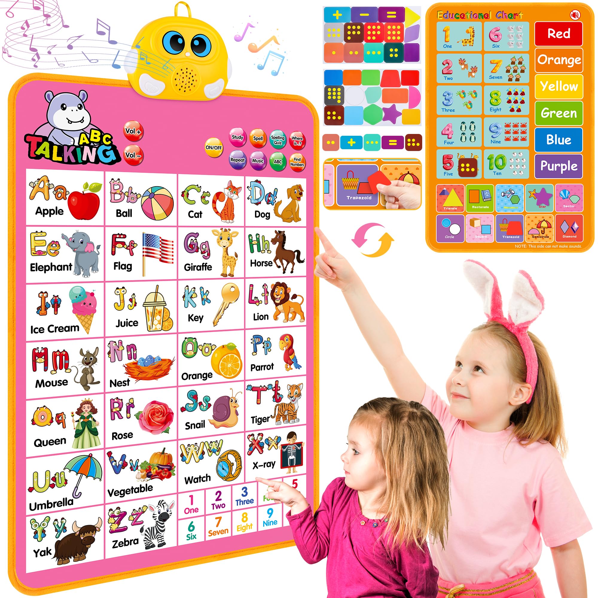 interactive alphabet wall chart, talking abc, 123s, music poster, kids learning toys for toddlers 1-3, electronic educational toddler toy, educational gift for age 1 2 3 4 5 year old girls boys - pink