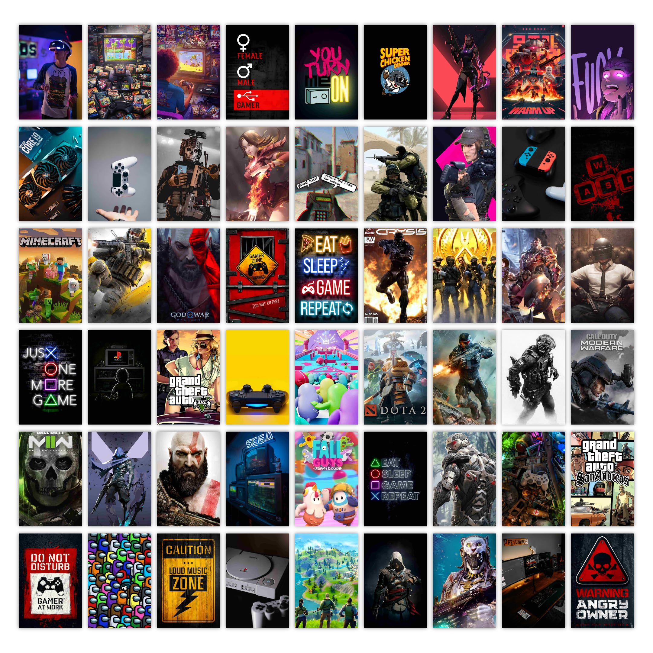 CodersParadise Gaming Aesthetic Wall Collage Kit – 54 PCS 4×6" Premium Cardstock Posters | Gamer Room Decor for Bedroom, Setup & Dorm | Cool Gaming Wall Art + Glue Dots Included