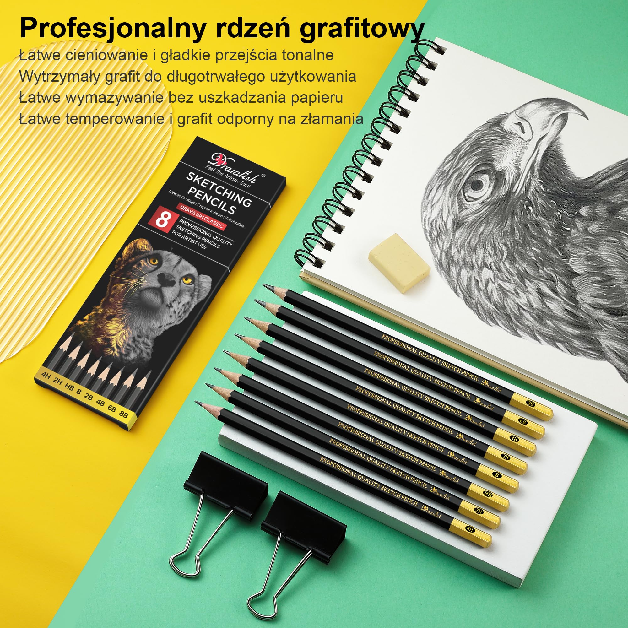 Zestaw 8 kredek do szkicowania, B, 2B, 4B, 6B, 8B, HB, 2H, 4H, ołówki do rysowania z grafitowym ołowiem i drewnem premium są idealne do szkicowania, cieniowania i bazgrołów, dla początkujących i