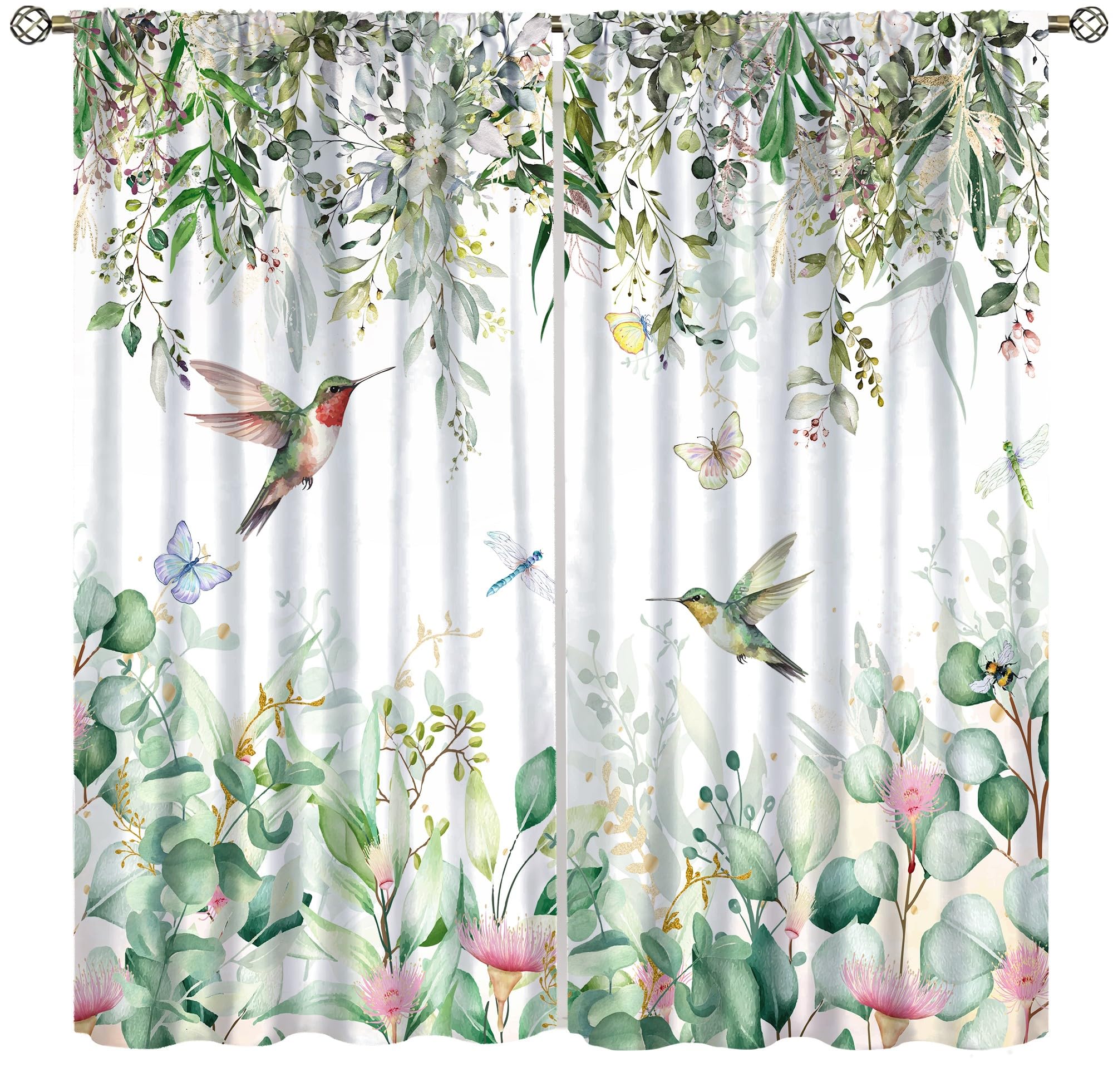 Forest Bird Blackout Curtains for Kitchen,Nature Greenery Plants Watercolour Flowers Leaves Countryside Butterflies Birds Flying Animals Window Drapes
