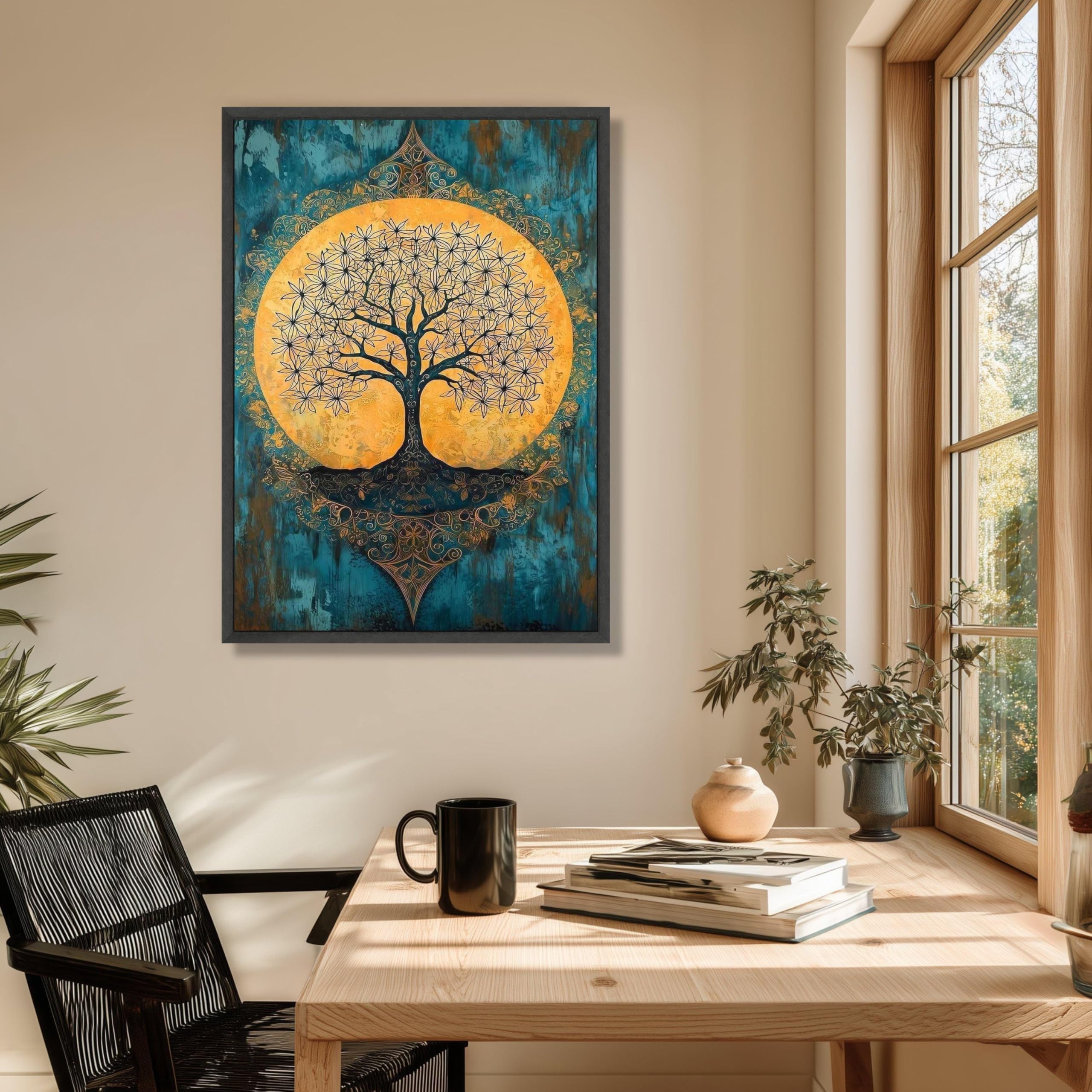 LMYCHENG Obraz na płótnie drzewo życia, niebieski i złoty plakat w stylu vintage, duchowy obraz boho na płótnie, dekoracja ścienna do domu (50 x 70 cm/wewnętrzna rama)
